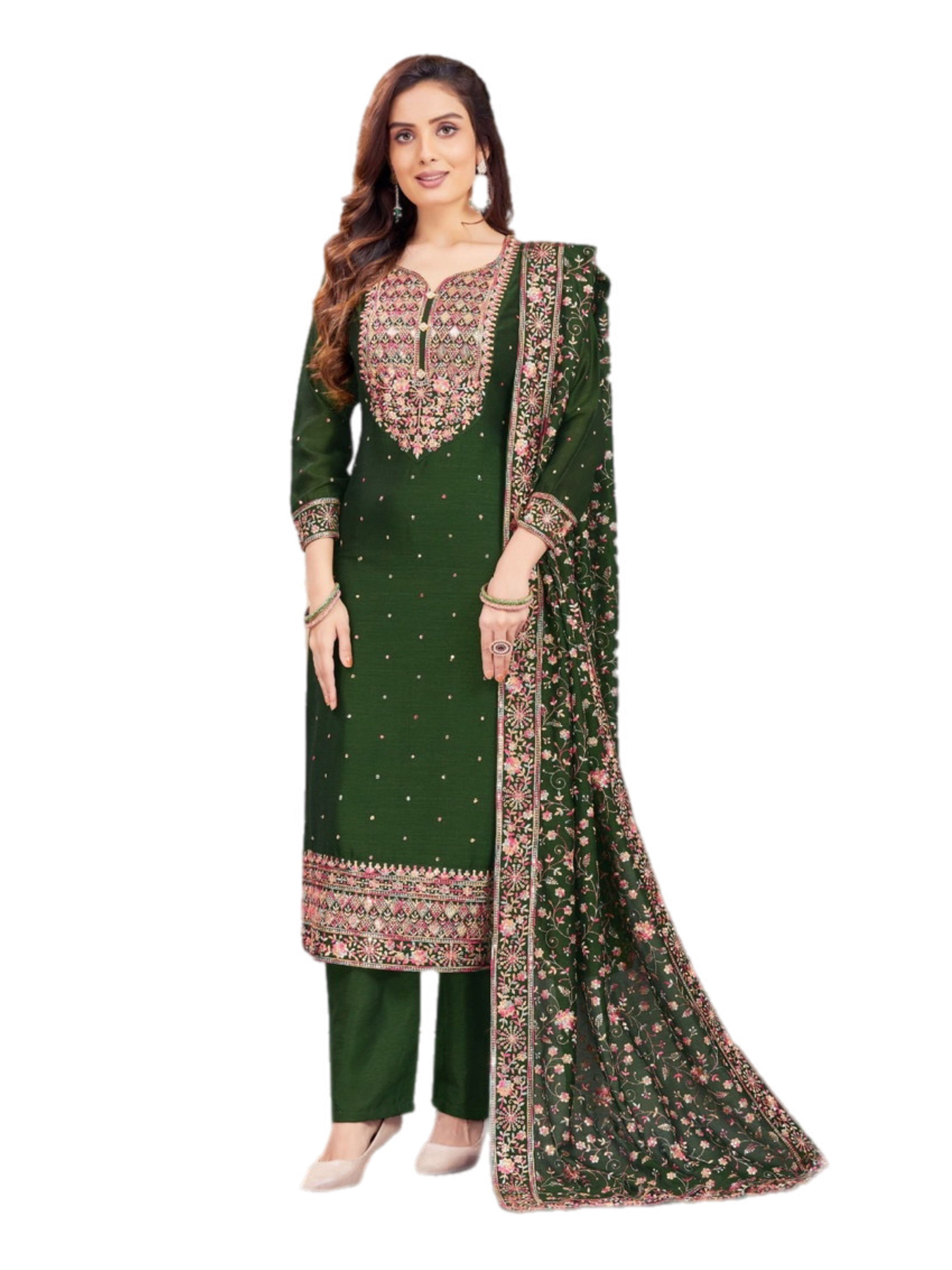 Plus Size Embroidered Rama Green Silk Pant Suit Set