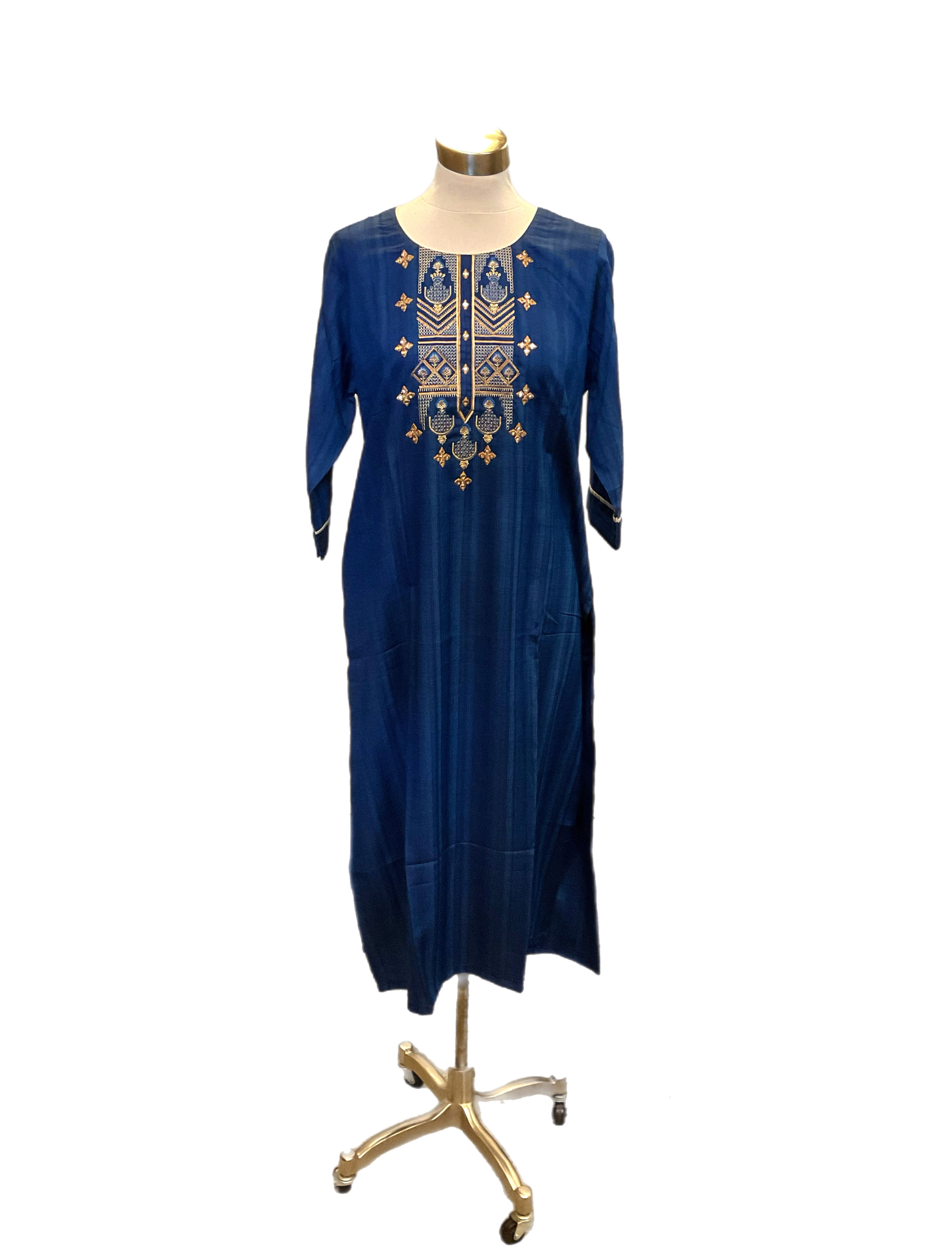 Plus size Embroidered Blue Rayon Straight Kurti