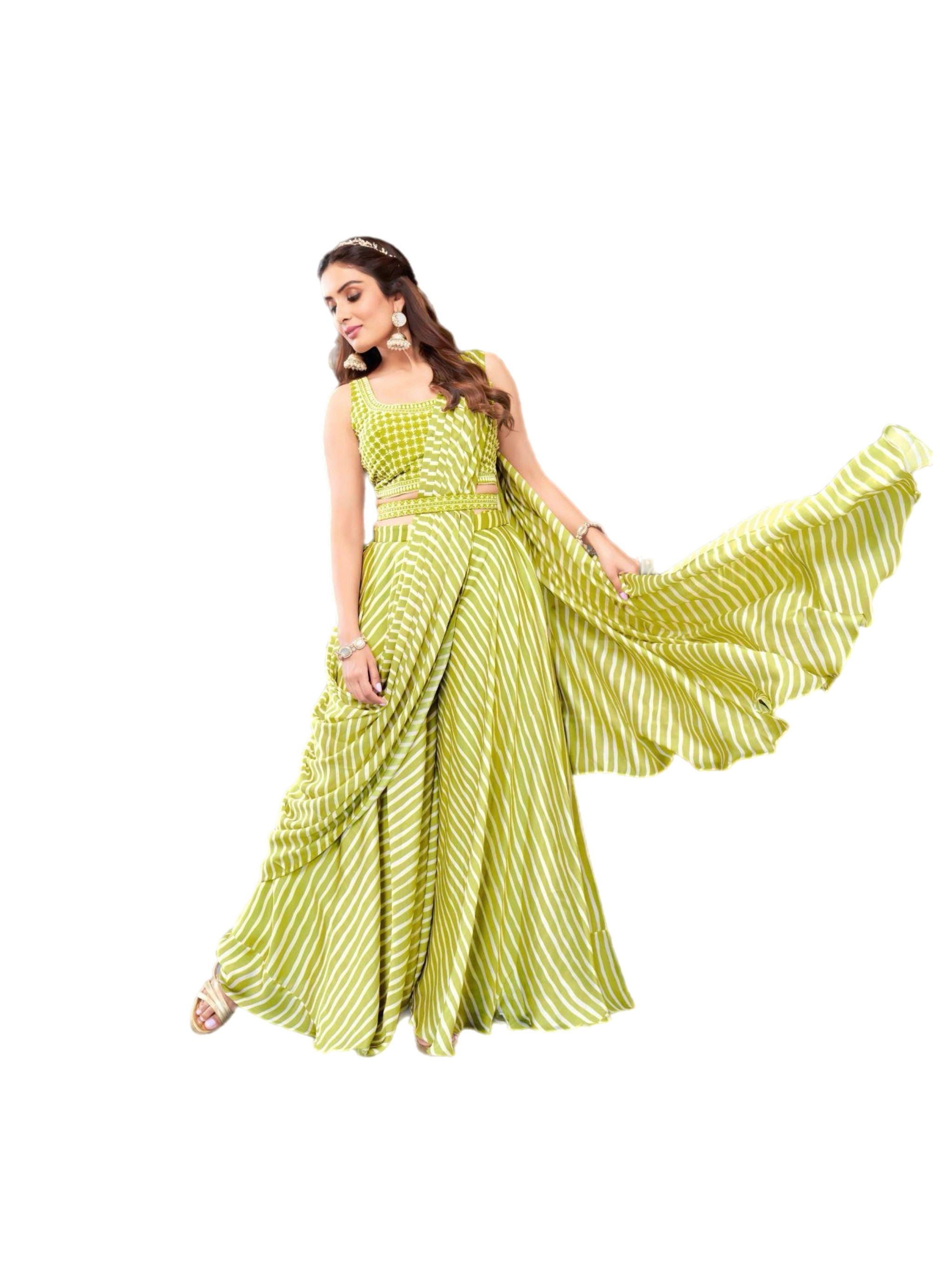 Yellow Greenish Embroidered Plazzo Saree with Designer Blouse