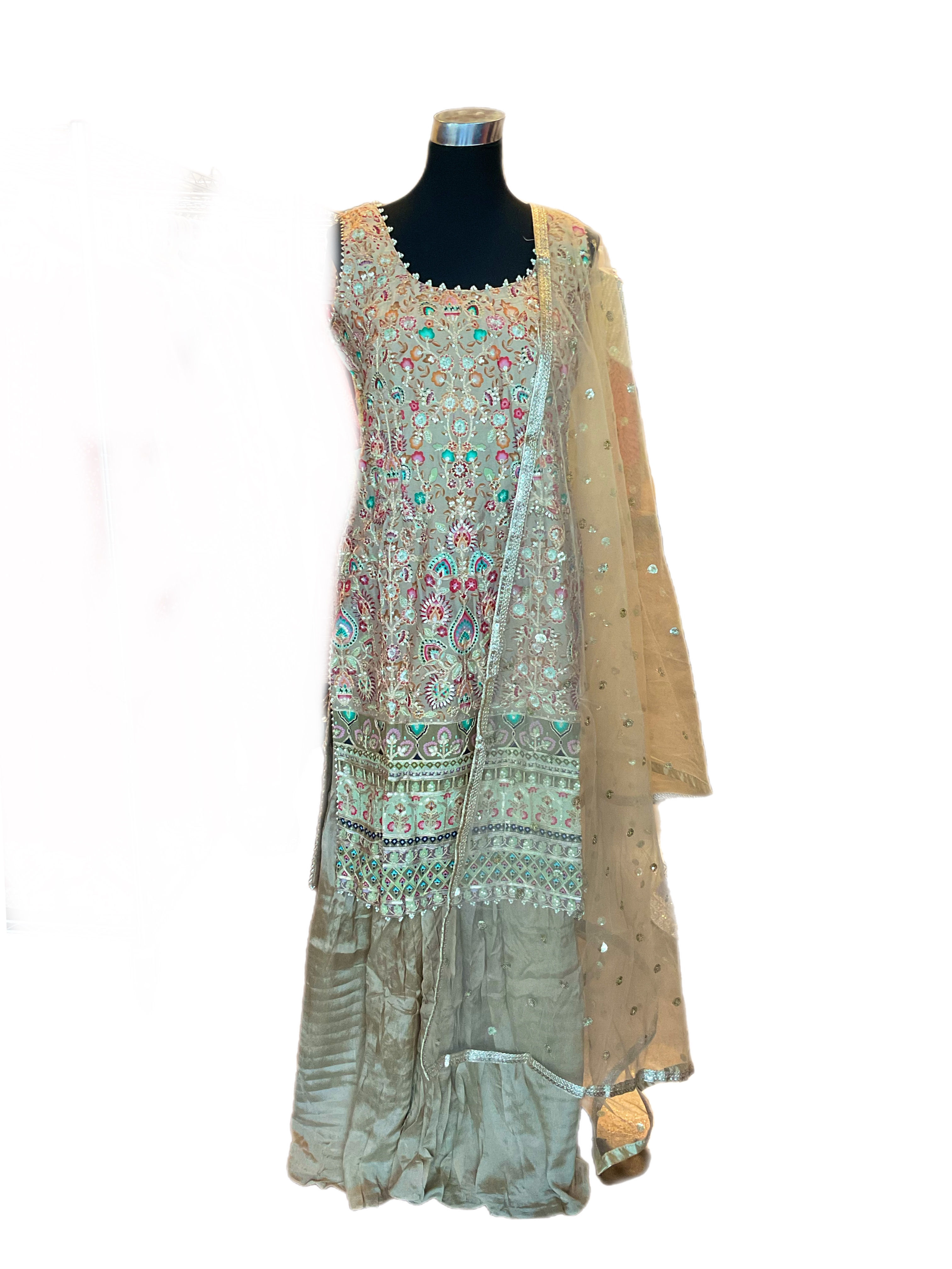 Golden Chiffon Silk Printed and Embroidered Wedding Ghrara Suit set