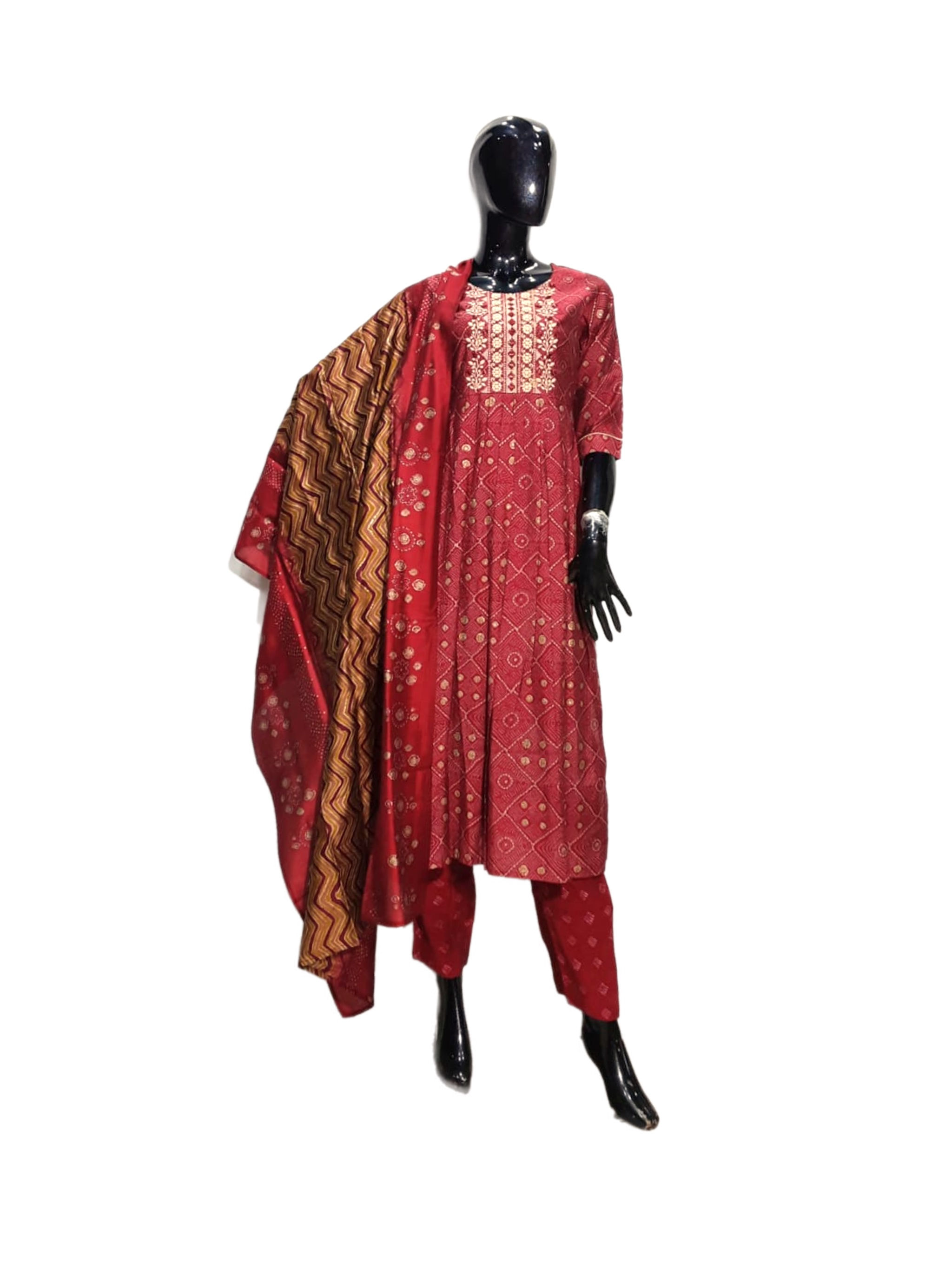 Beautiful Printed Maroon Embroidered Muslin Pant Suit Set
