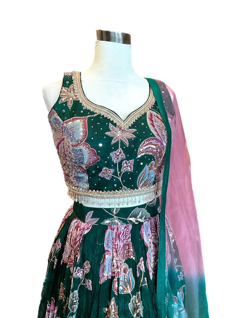 Thumbnail: Gorgeous Green Floral Embroidered Organza Silk Lehanga Choli