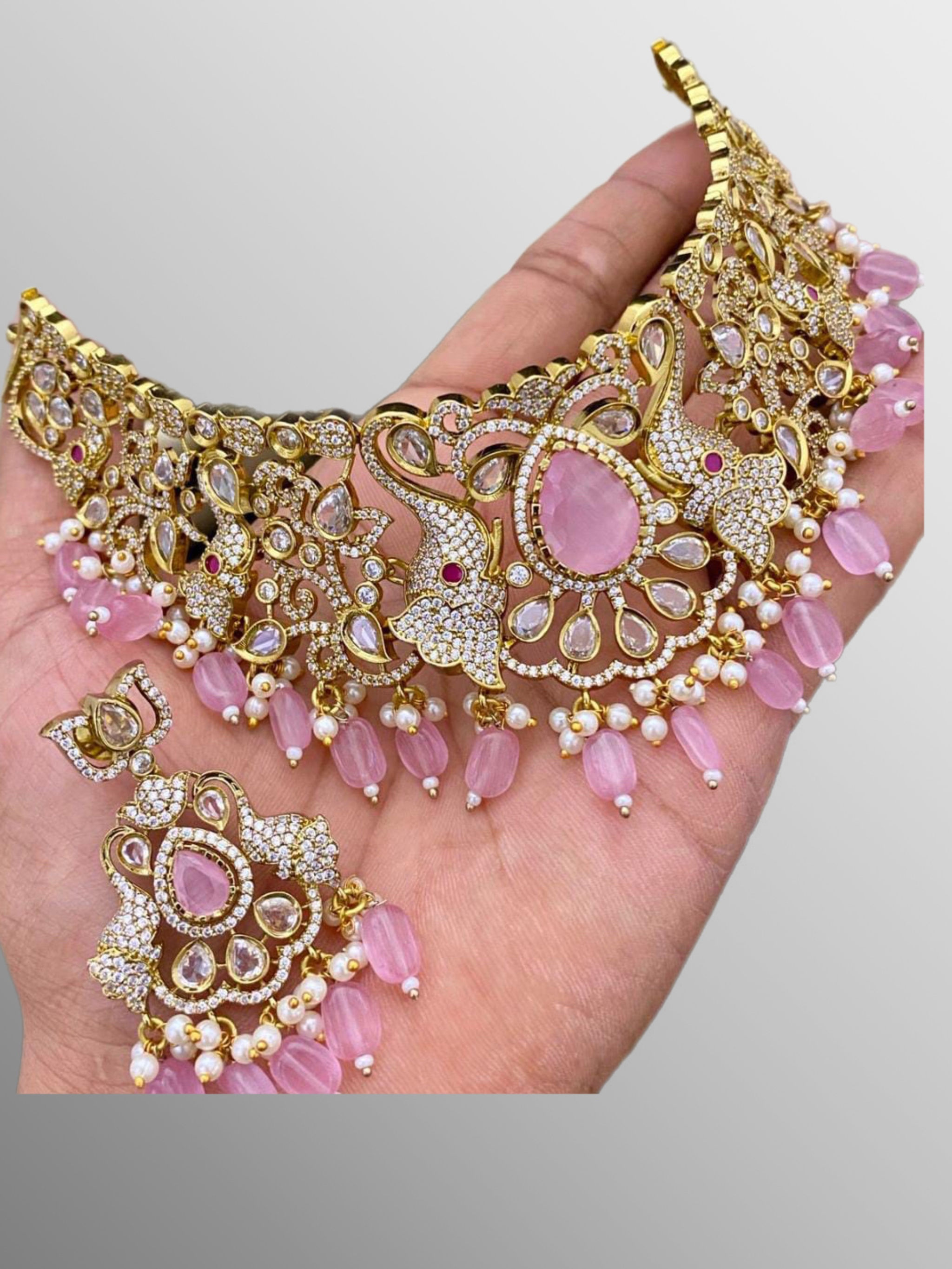 Pretty Ad Stones Pink Beads Necklace Set