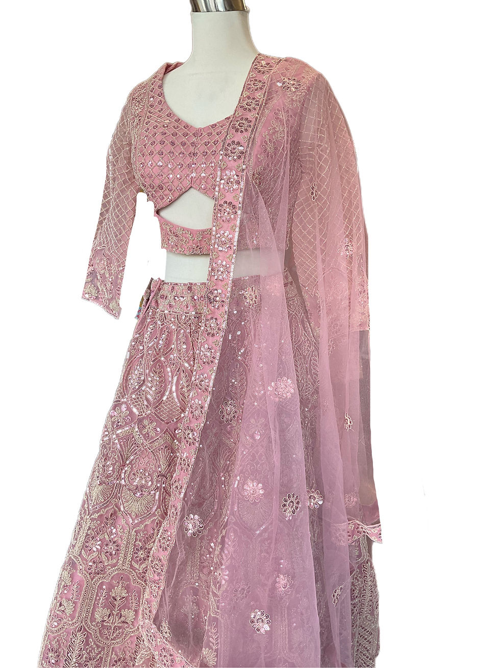 Thumbnail: Stunning Bridal Dusty Pink Net Embroidered Lehanga Choli