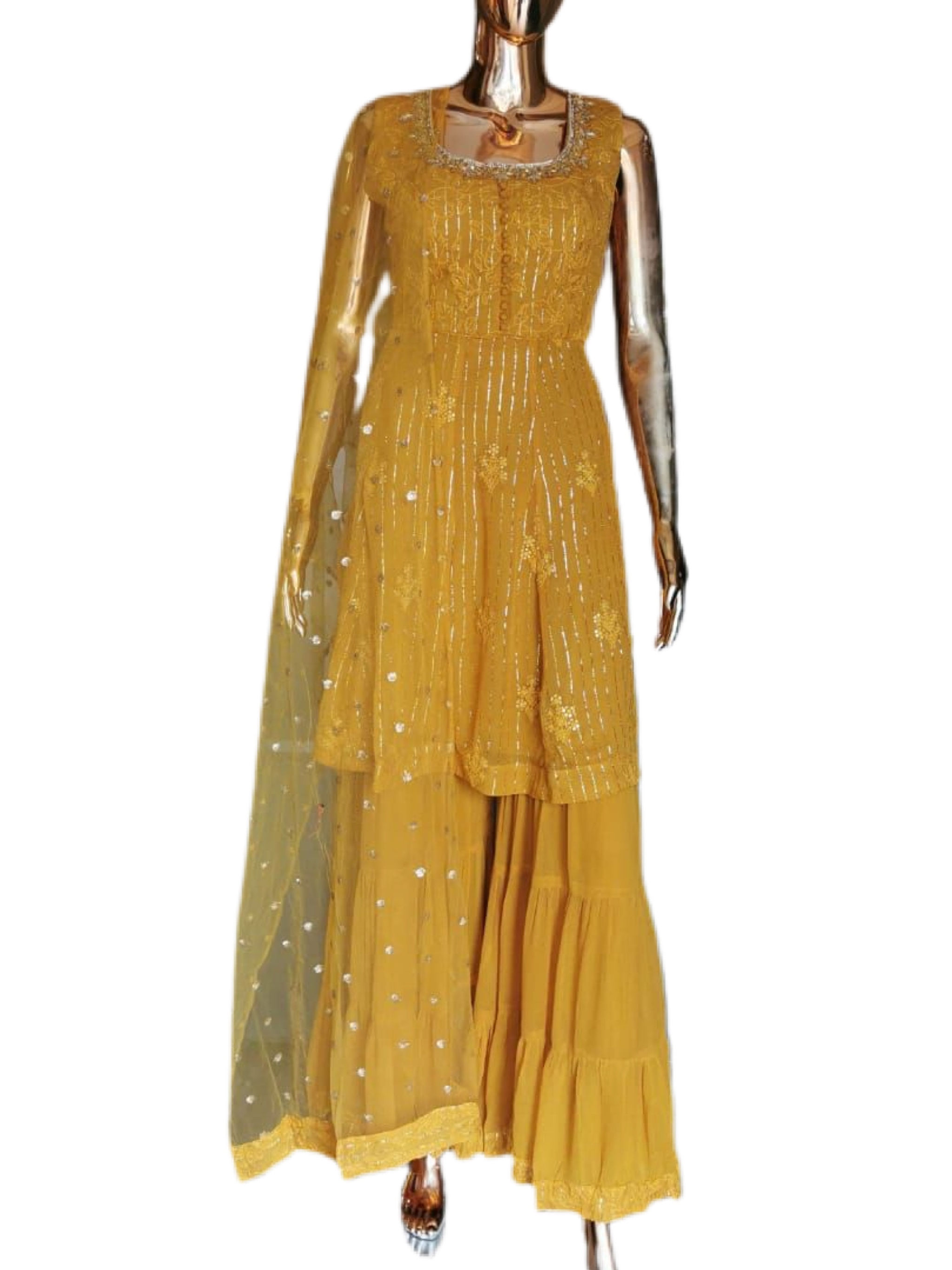Pretty Mustard Yellow Georgette Gharara Suit Set