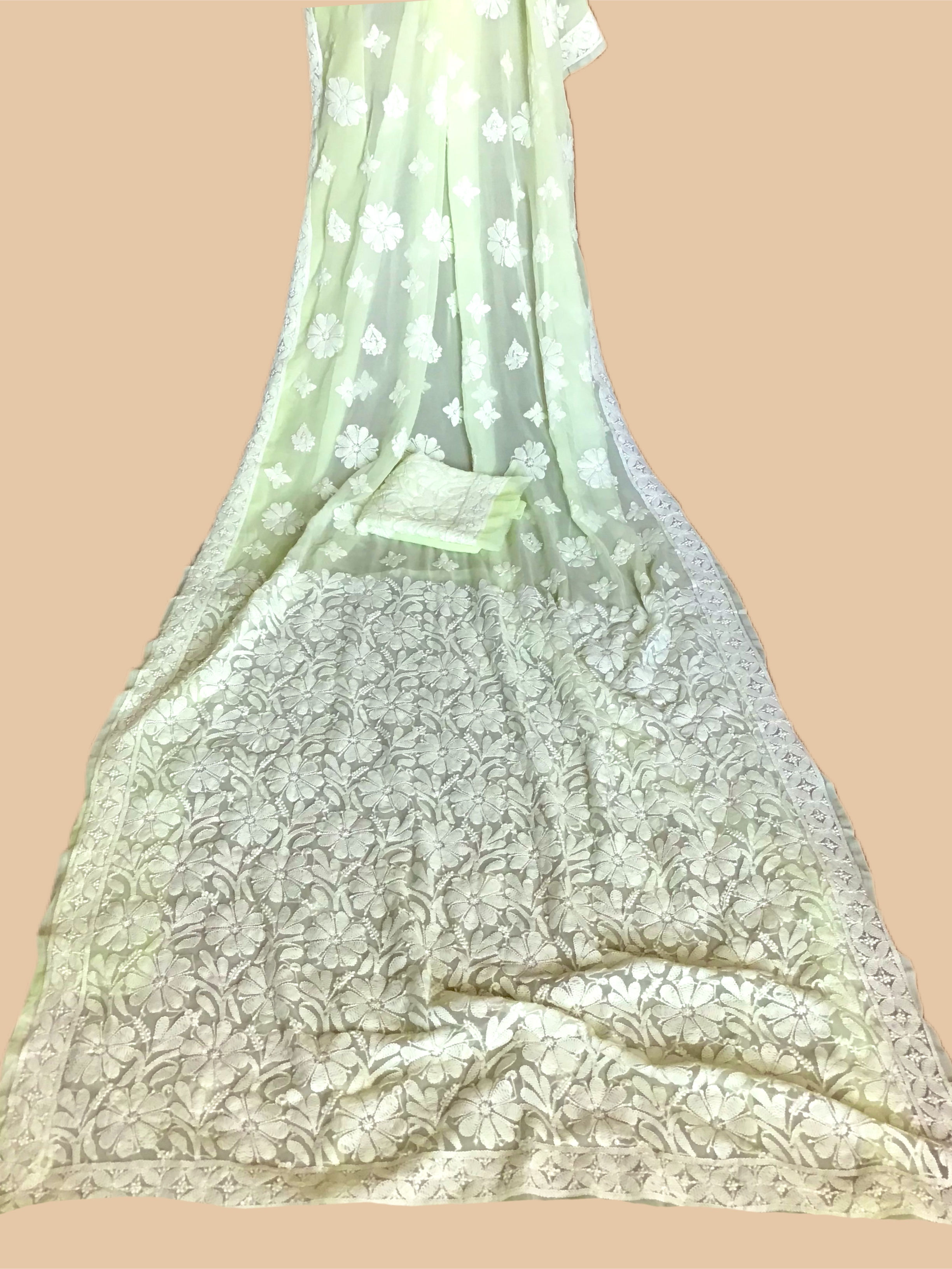 Stunning Georgette Tea Green Saree with Lucknowi work