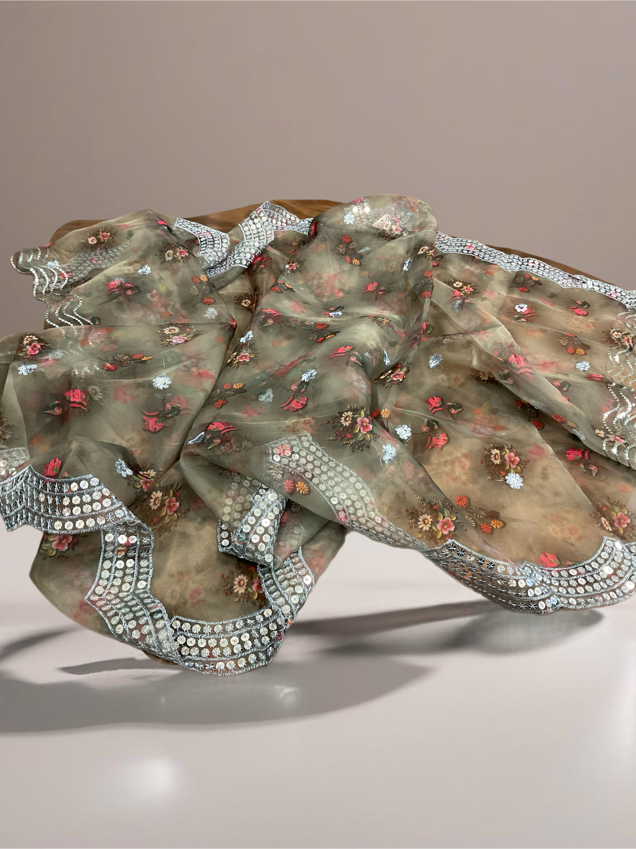 Pretty Greenish Grey Floral Organza Dupatta