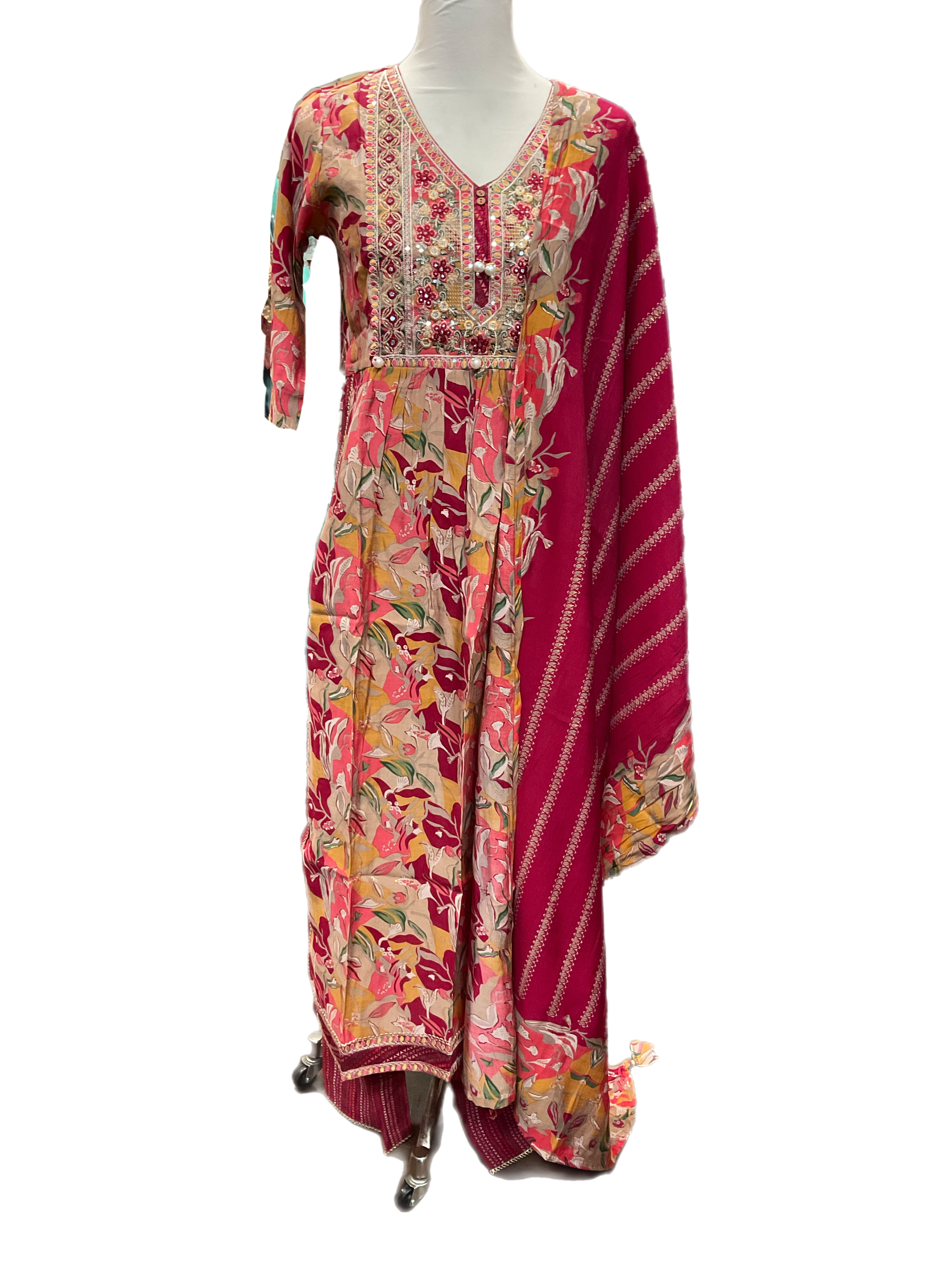 Beautiful Printed Pink Embroidered Muslin Pant Suit Set