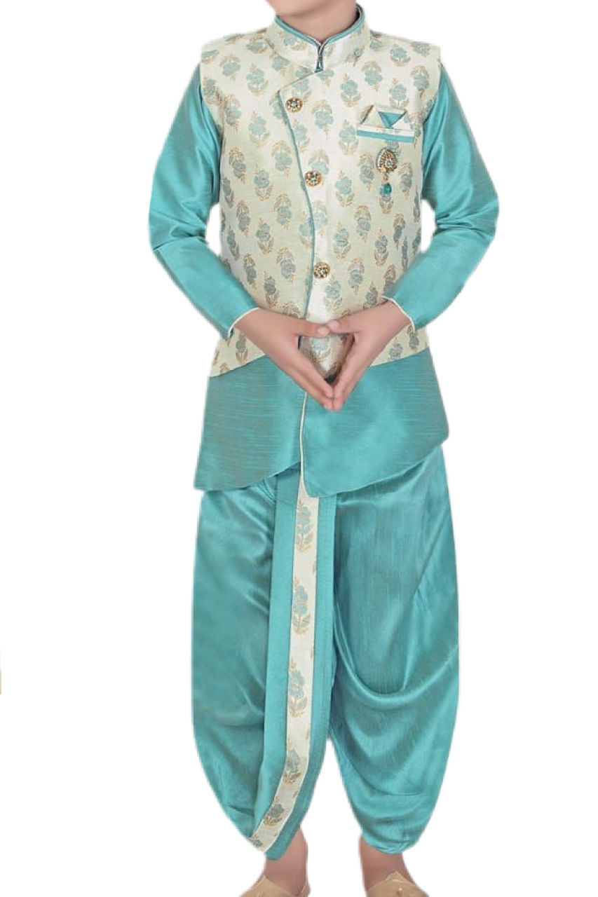 Classic Art Silk Sky Blue Kurta Set With Jacket