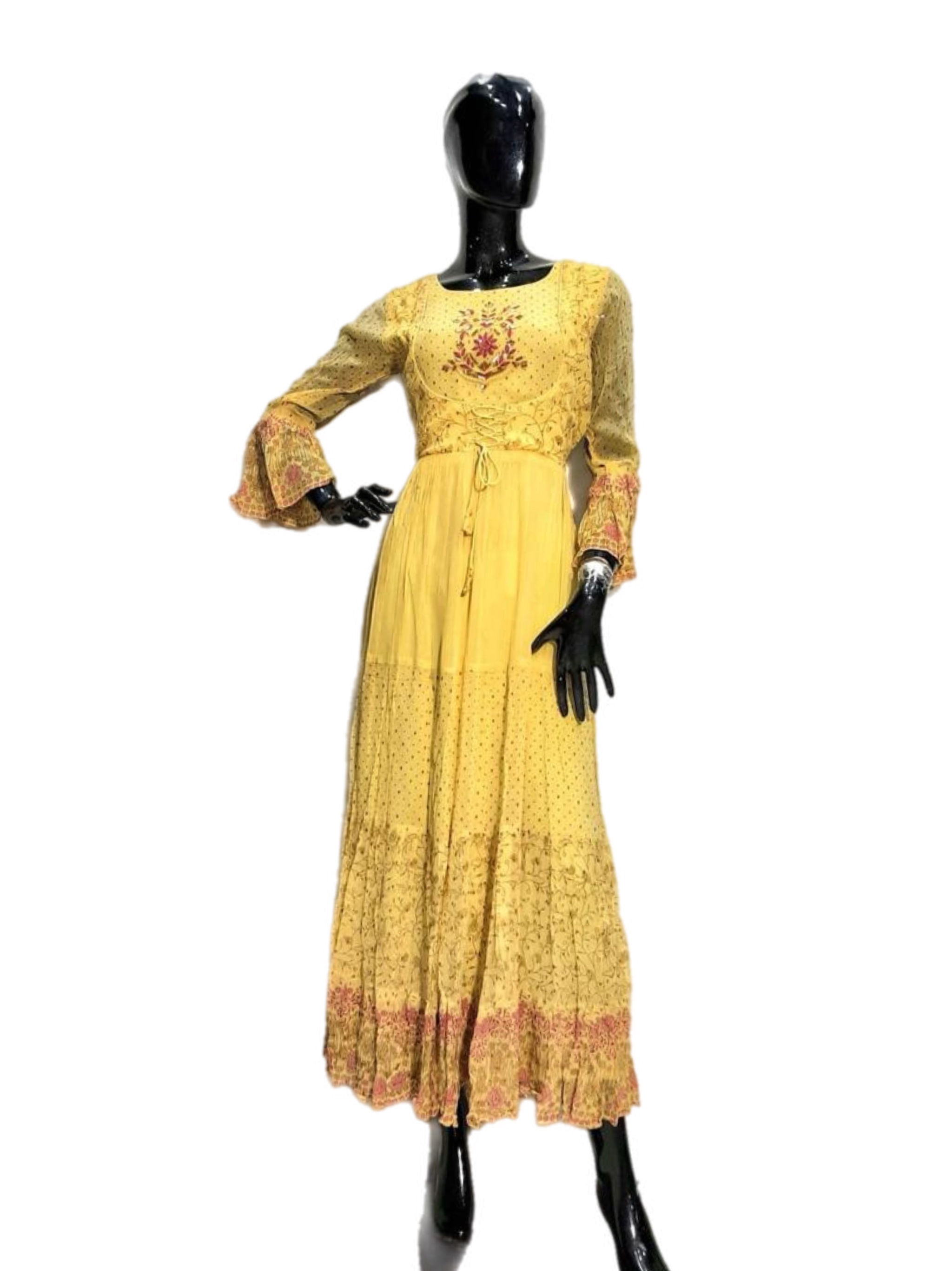 Pretty Yellow Embroidered And Printed Designer Kurti
