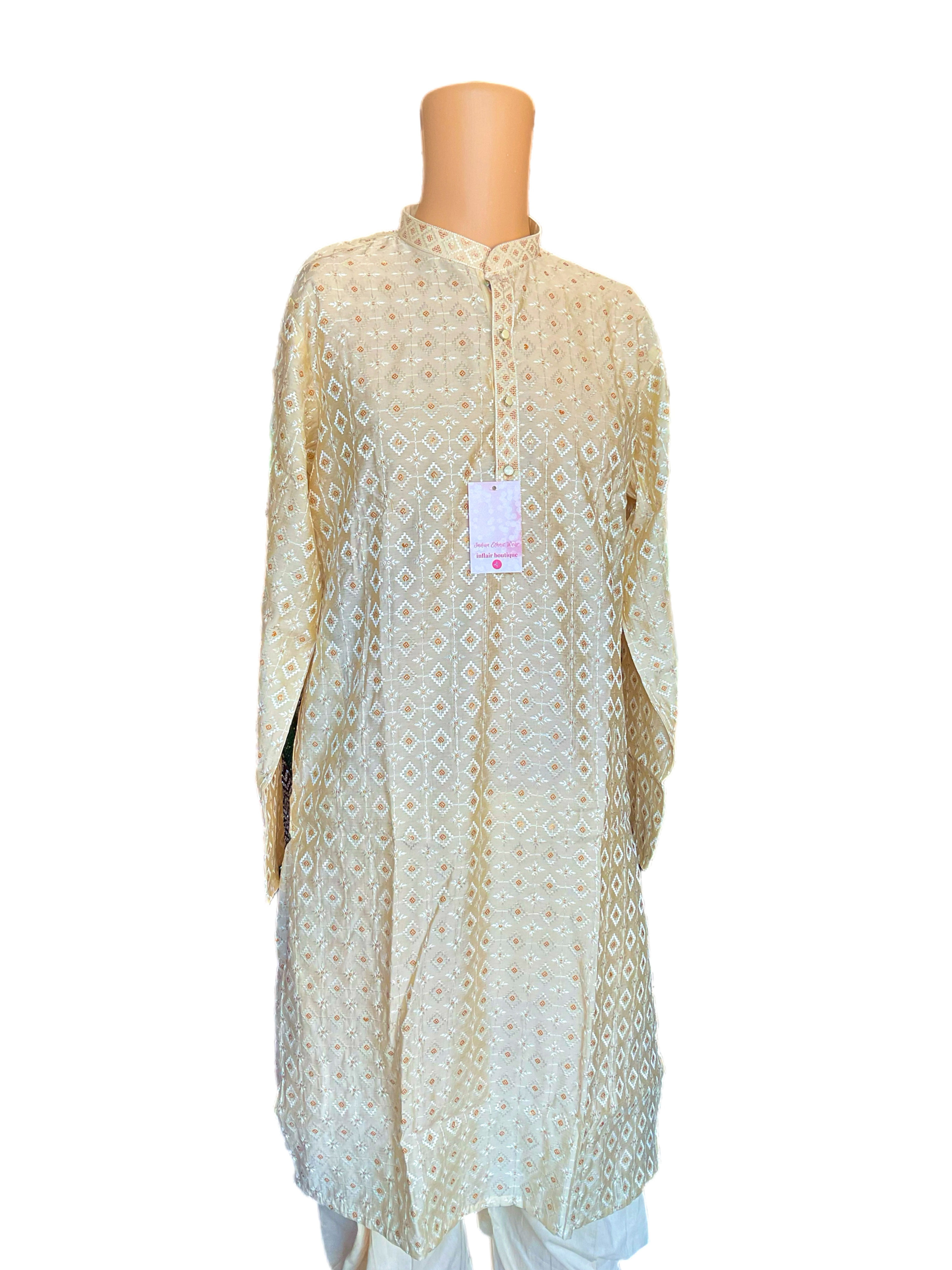 Light Golden Embroidered Men Kurta Pajama Set