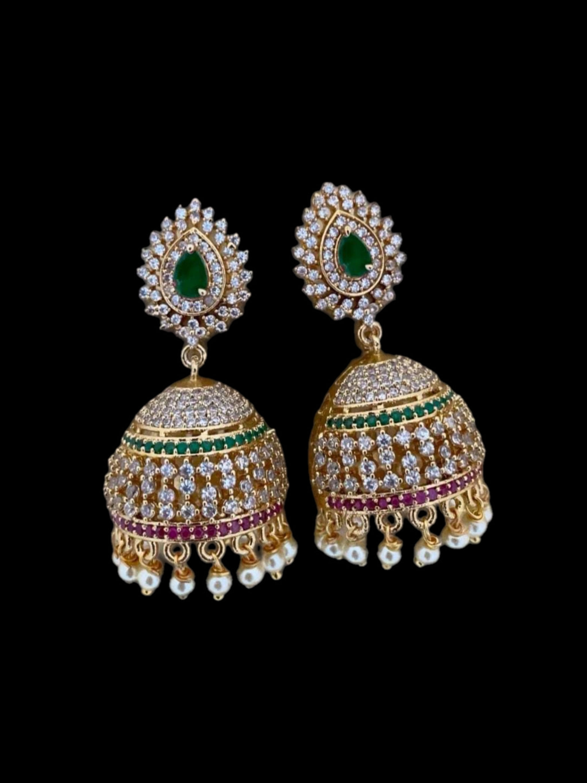 Ad Stones Pink Green Jhumka Earring