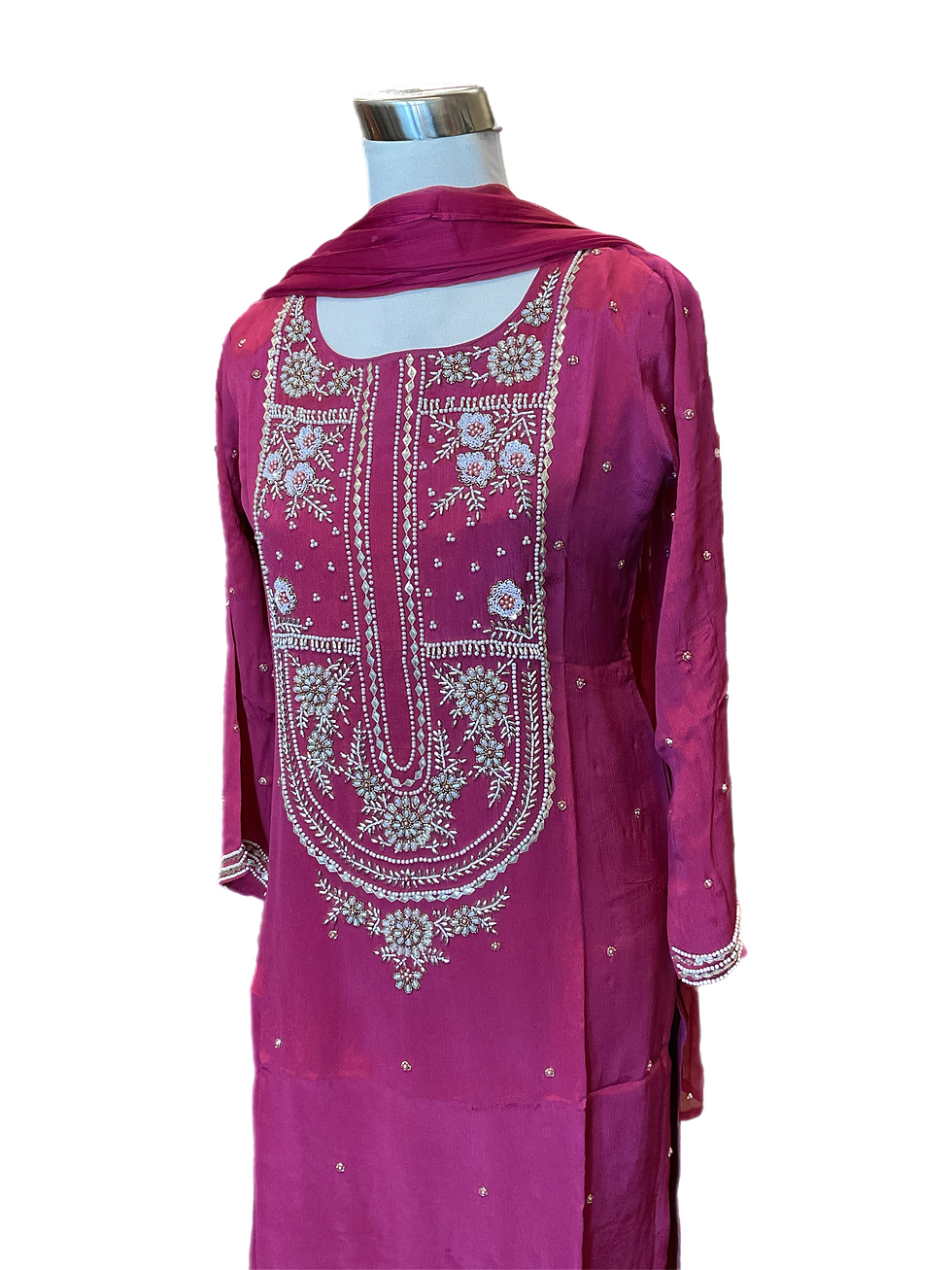 Thumbnail: Rose Color Chiffon Silk Embroidered Pant Suit Set
