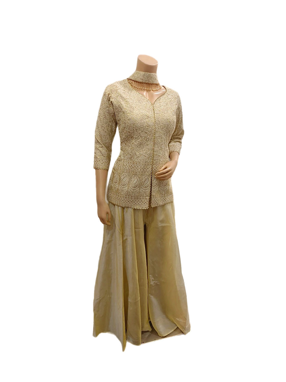 Trendy Embroidered Organza Plazzo Suit Set iin Light Golden