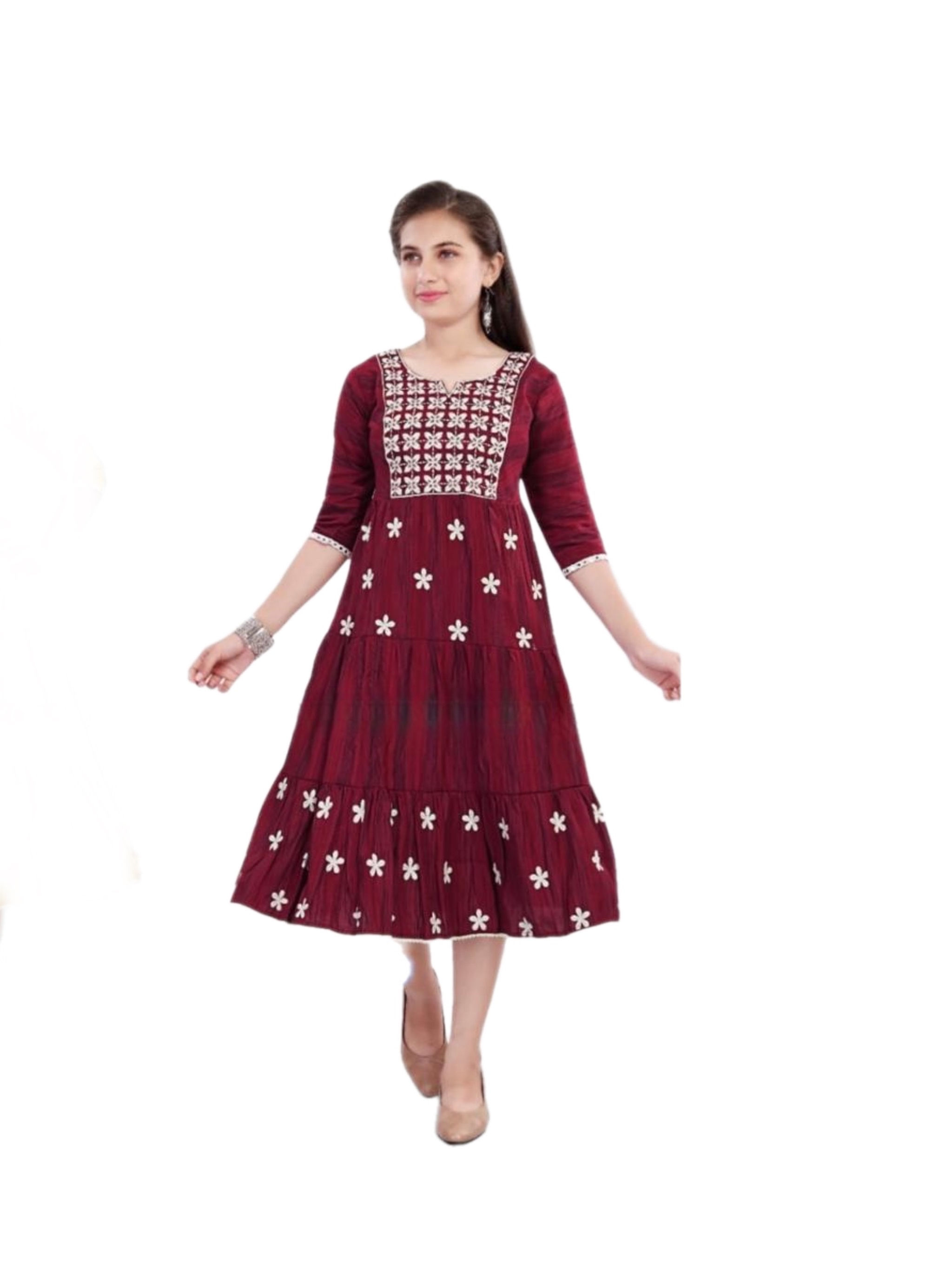 Embroidered Red Khadi Cotton Abaya Kurti For Kids