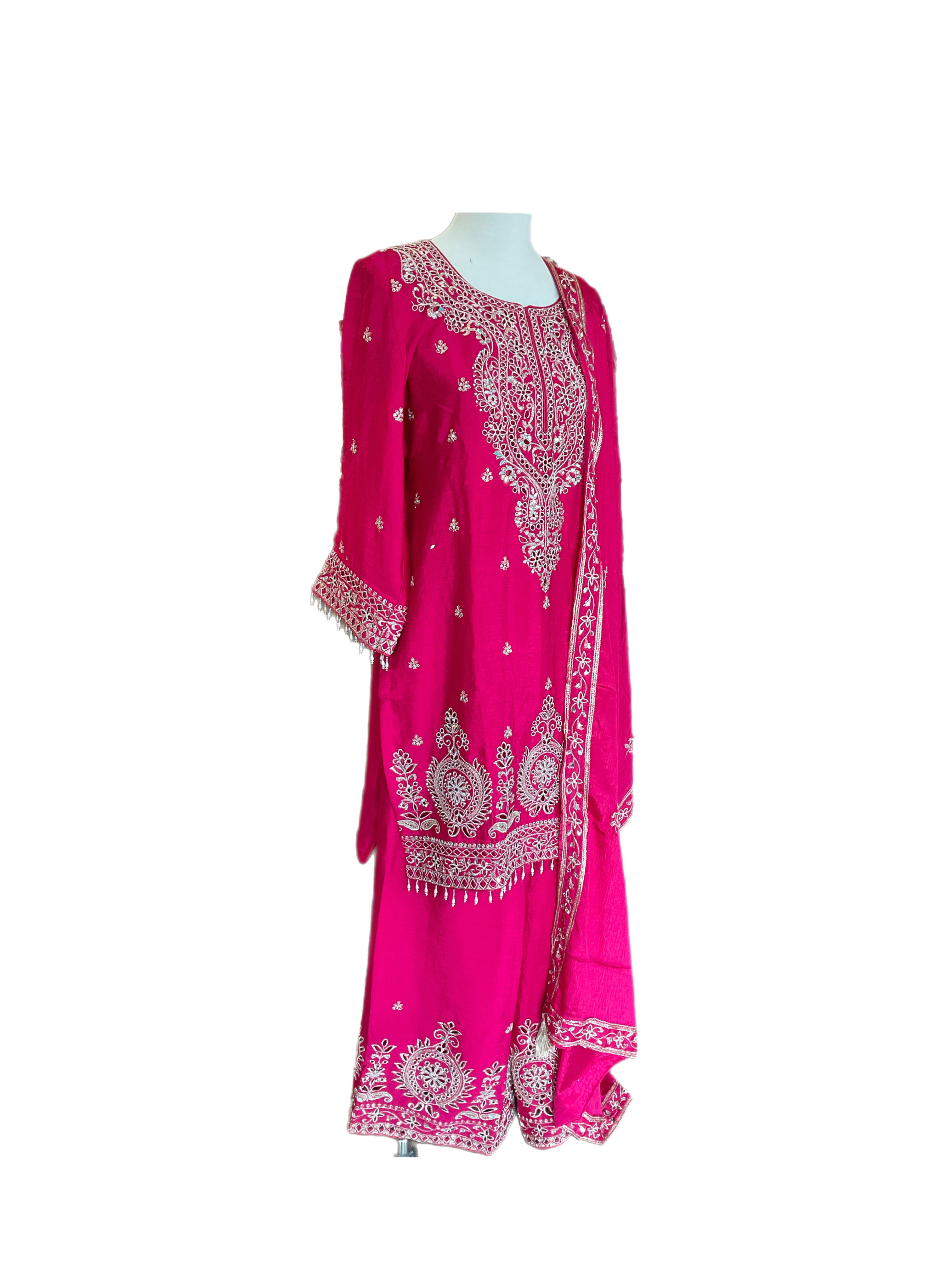 Pink Cut-Work Chiffon Silk Plazzo Suit Set For Women