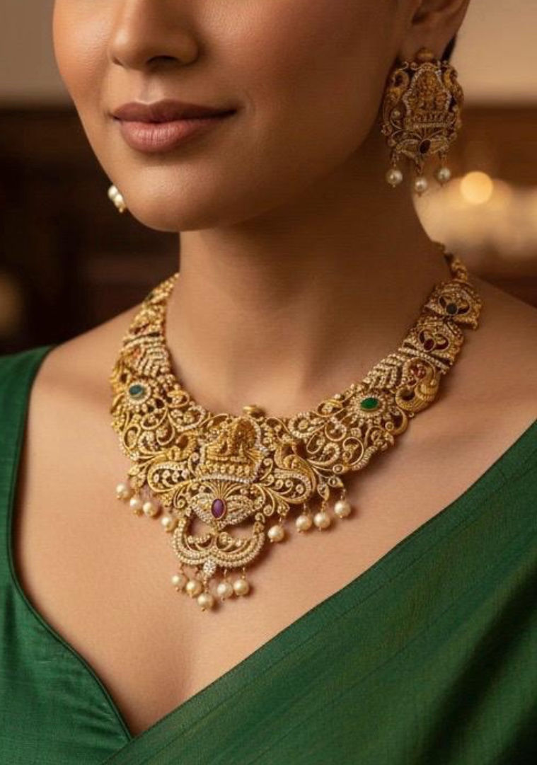 Pretty wedding Wear Pink -Green CZ Stones Choker Necklace Set