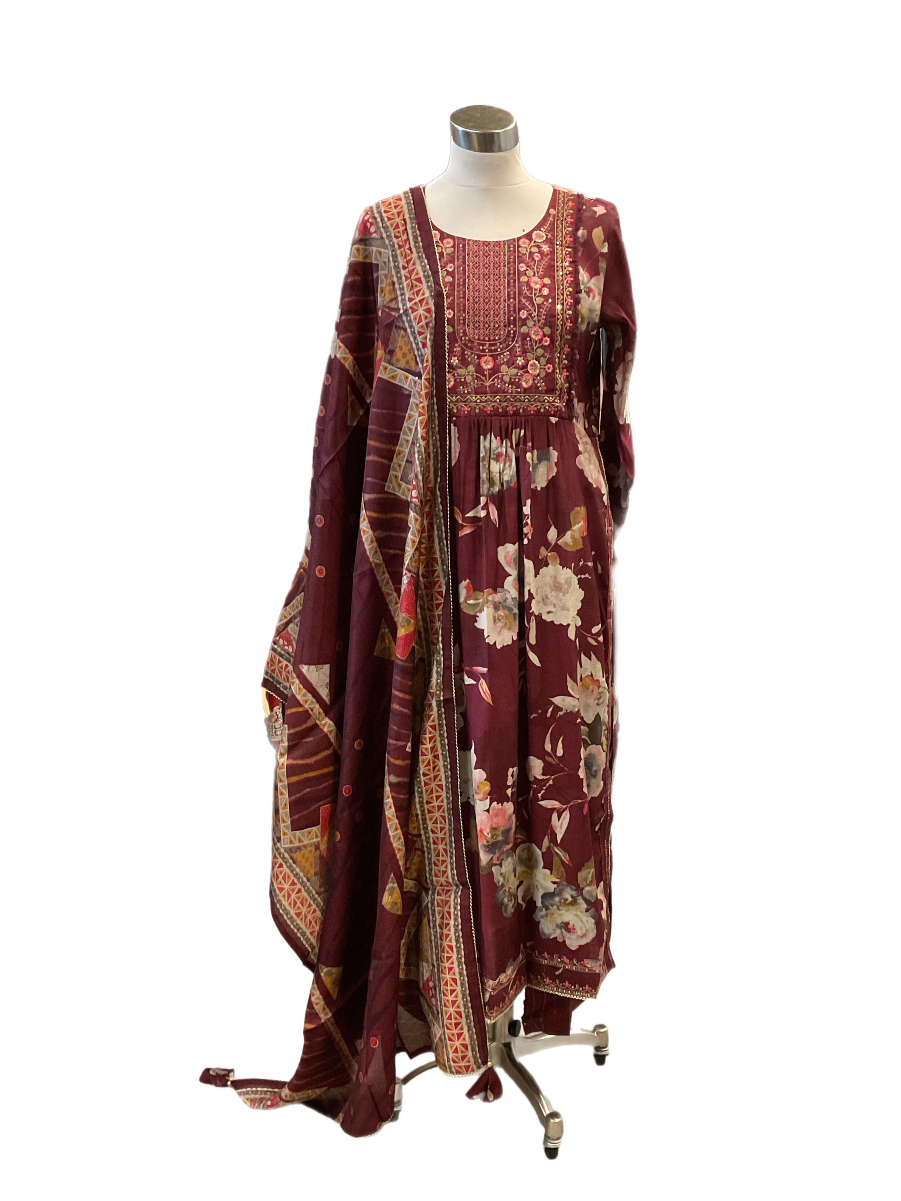 Beautiful Maroon Anayra Cut Printed Silk Pant Suit Set