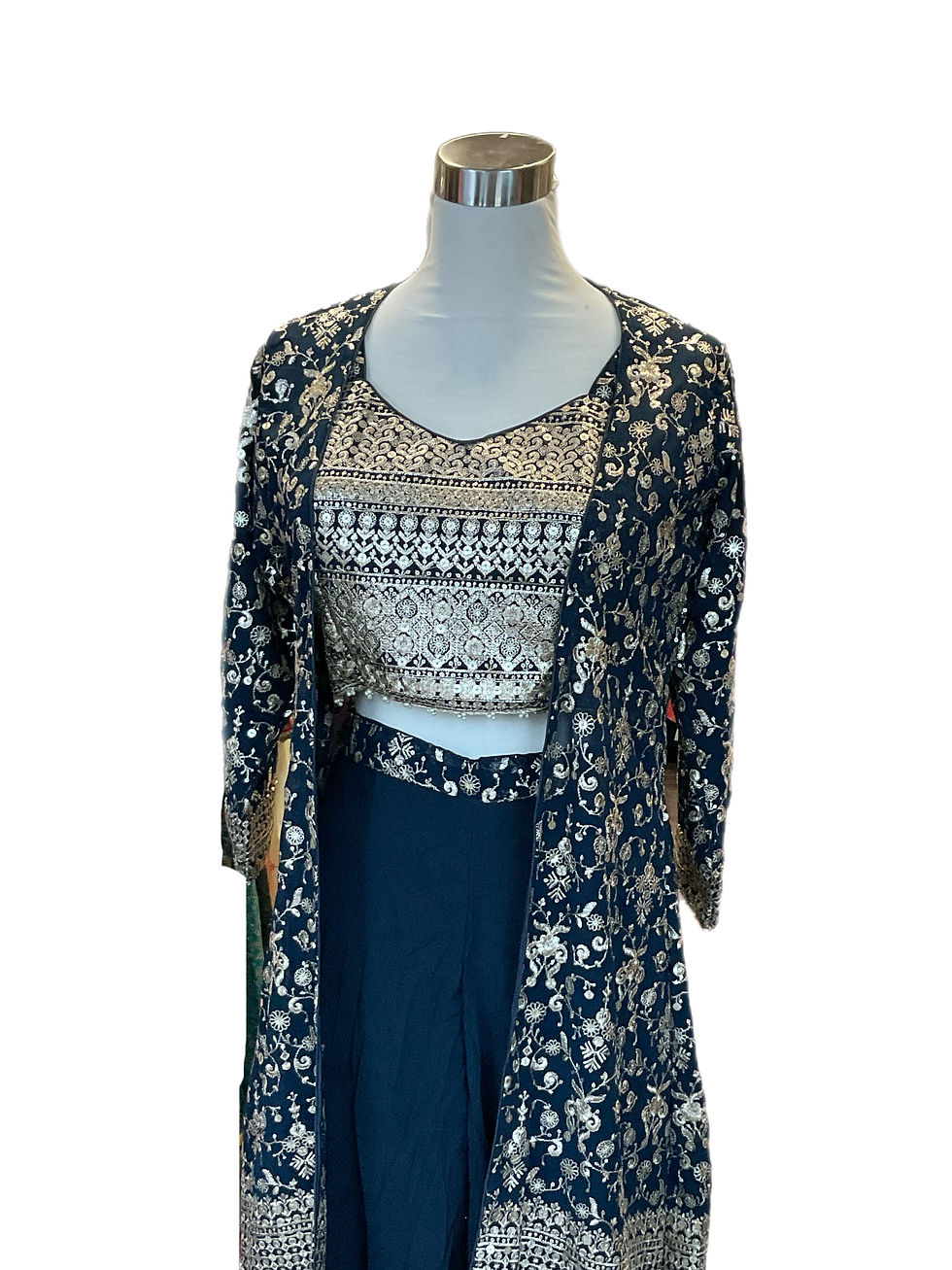 Thumbnail: Beautiful Georgette Embroidered Plazzo Crop Top With Jacket and Dupatta