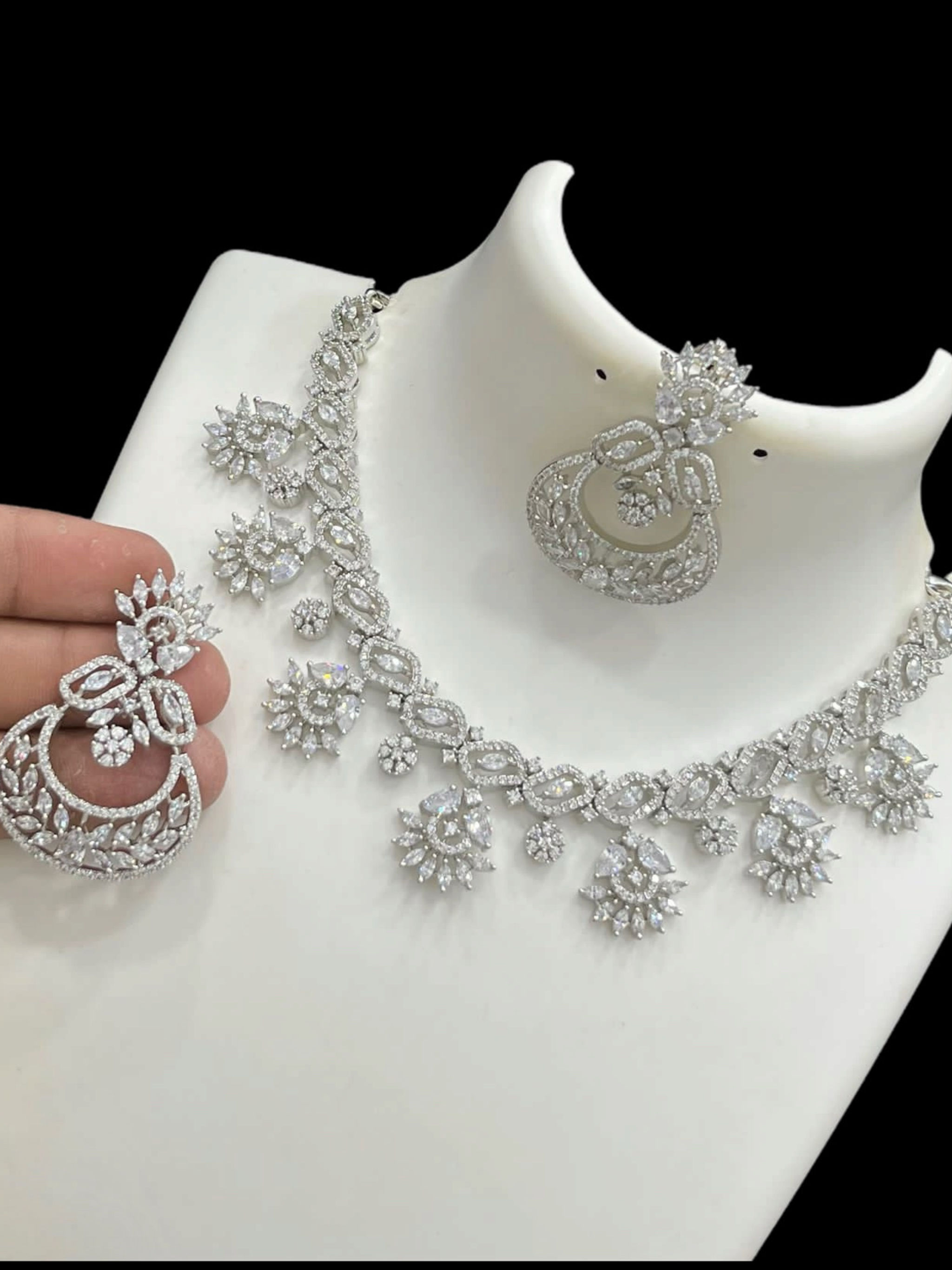 Designer Silver White CZ Stones Necklace Set