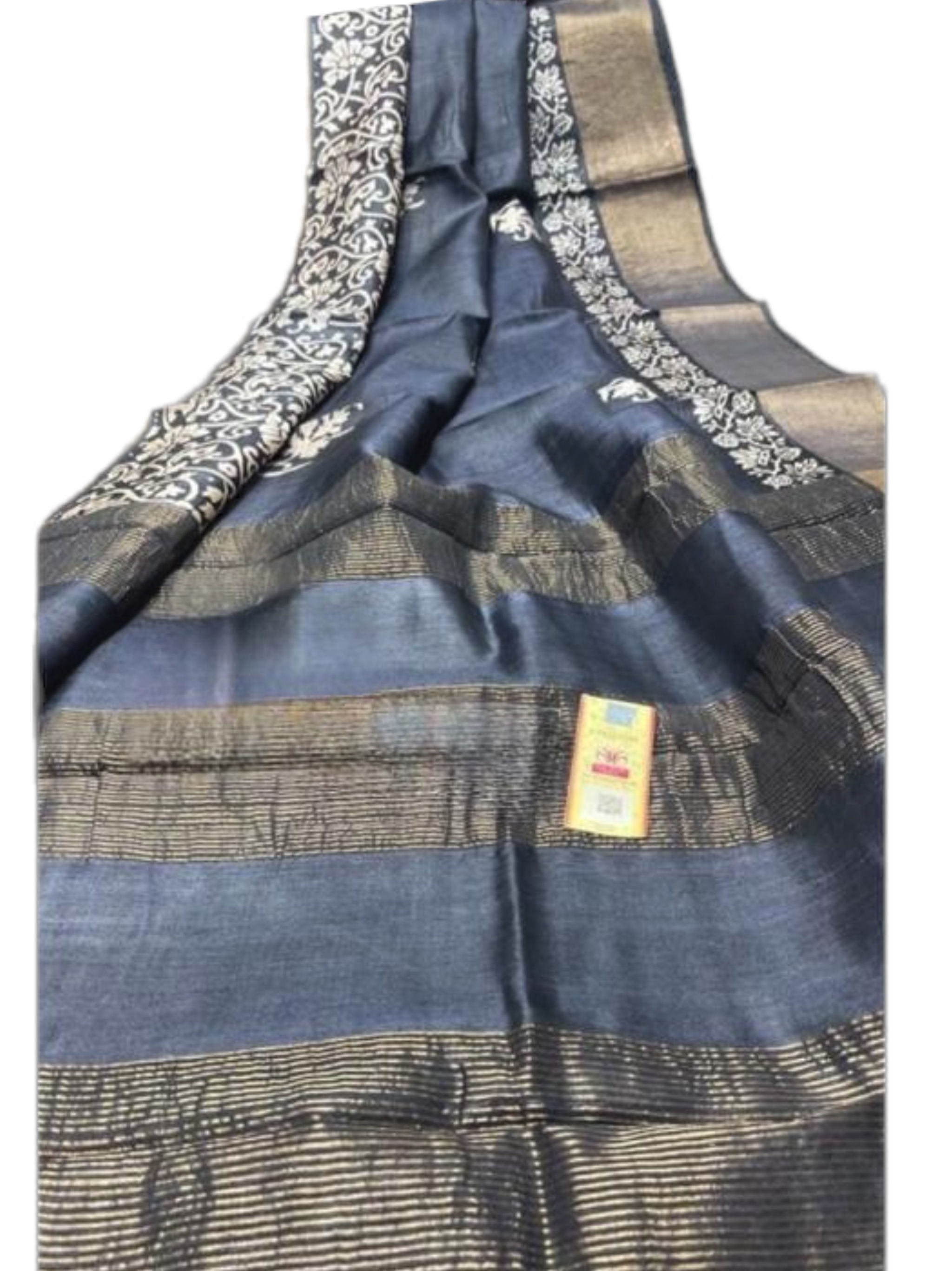 Pretty Greyish Blue Tussar Silk Saree