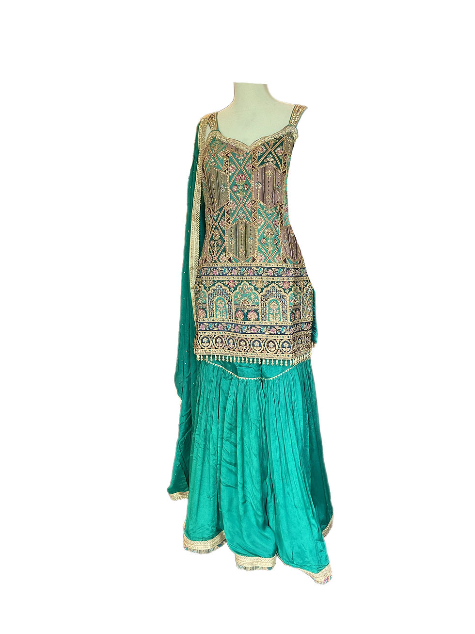 Thumbnail: Vibrant Embroidered Printed Silk Gharara Suit Set