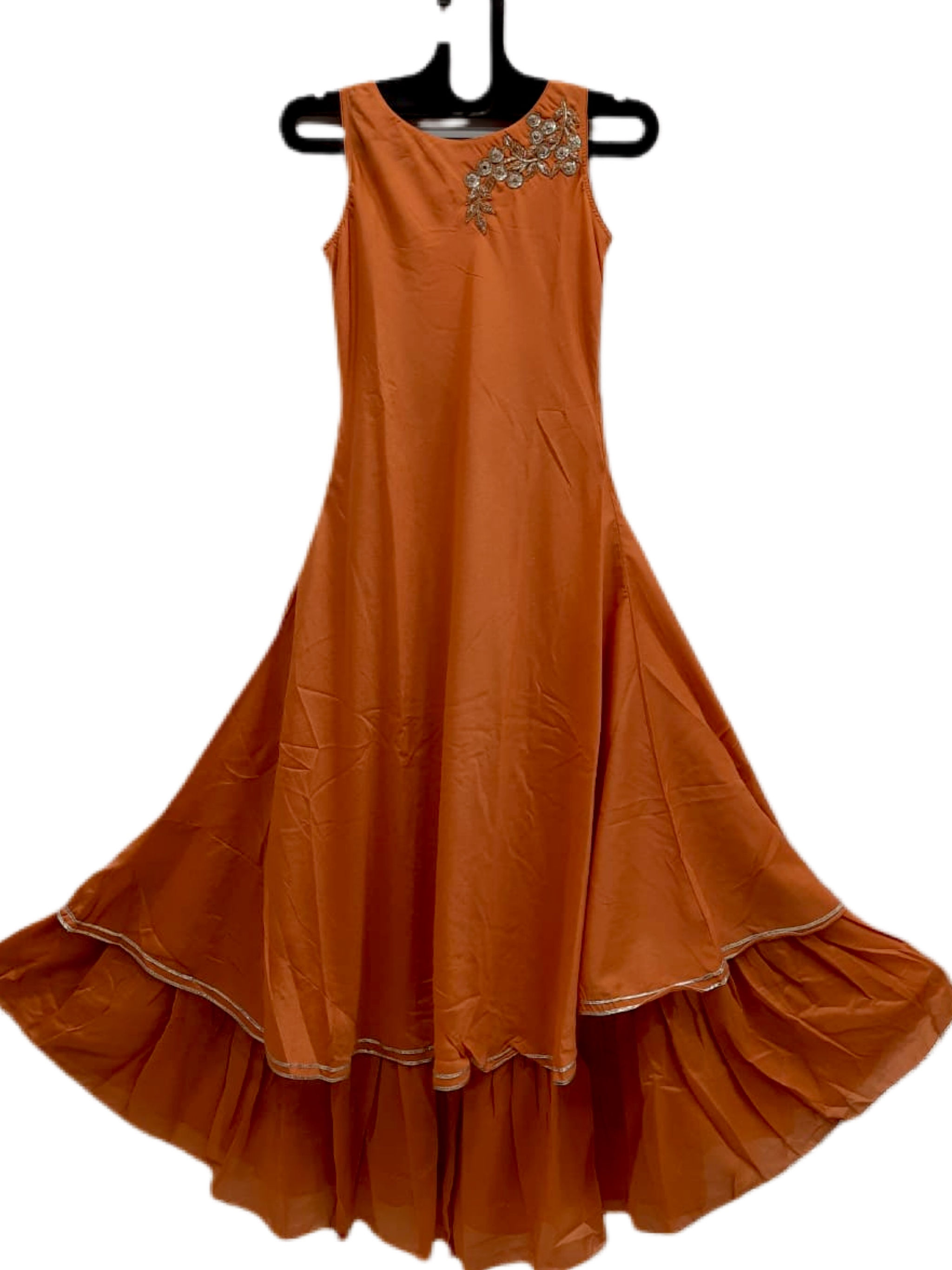 Designer Flared Synthetic Silk Kurti in orange