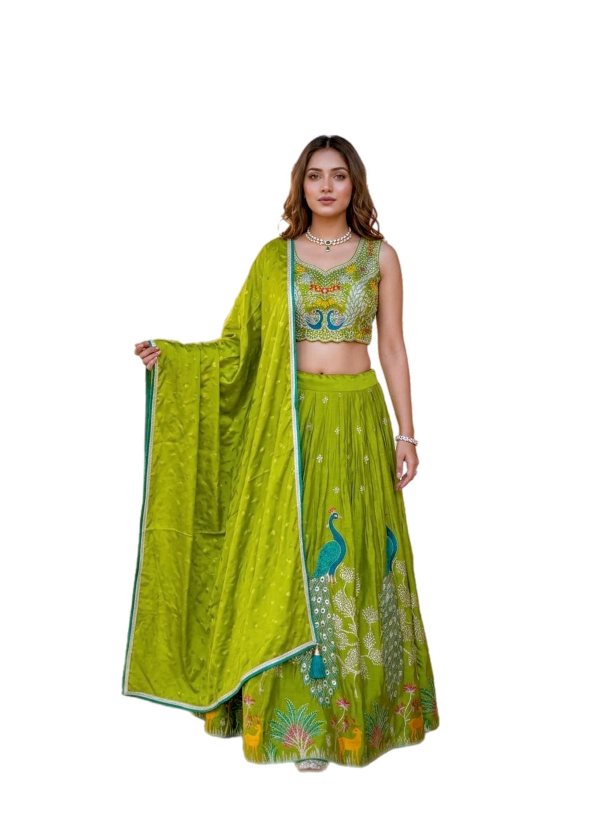 Plus Size Embroidered Chinon Silk Lehanga Choli in Green Color