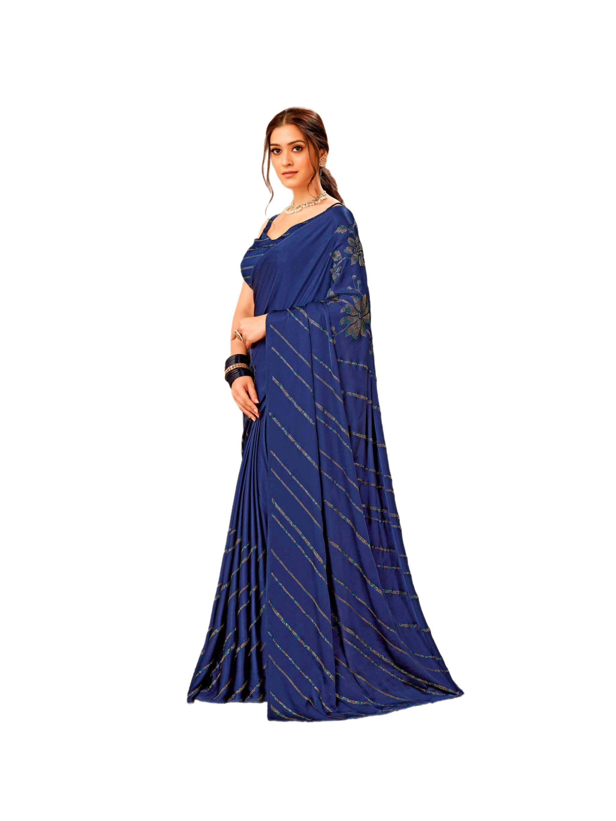 Gorgeous Blue Satin Silk Saree With Readymade Blouse