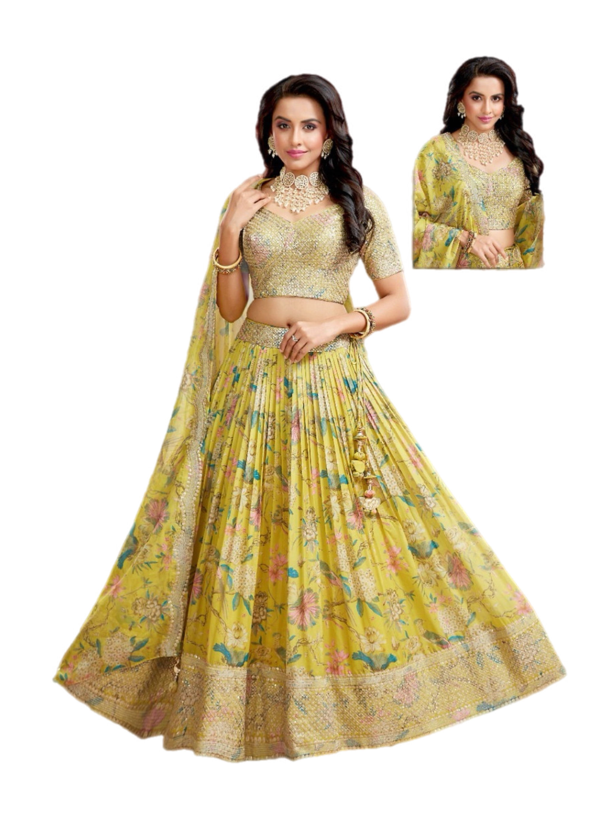 Amazing Printed Georgette Yellow Green Lehanga Choli