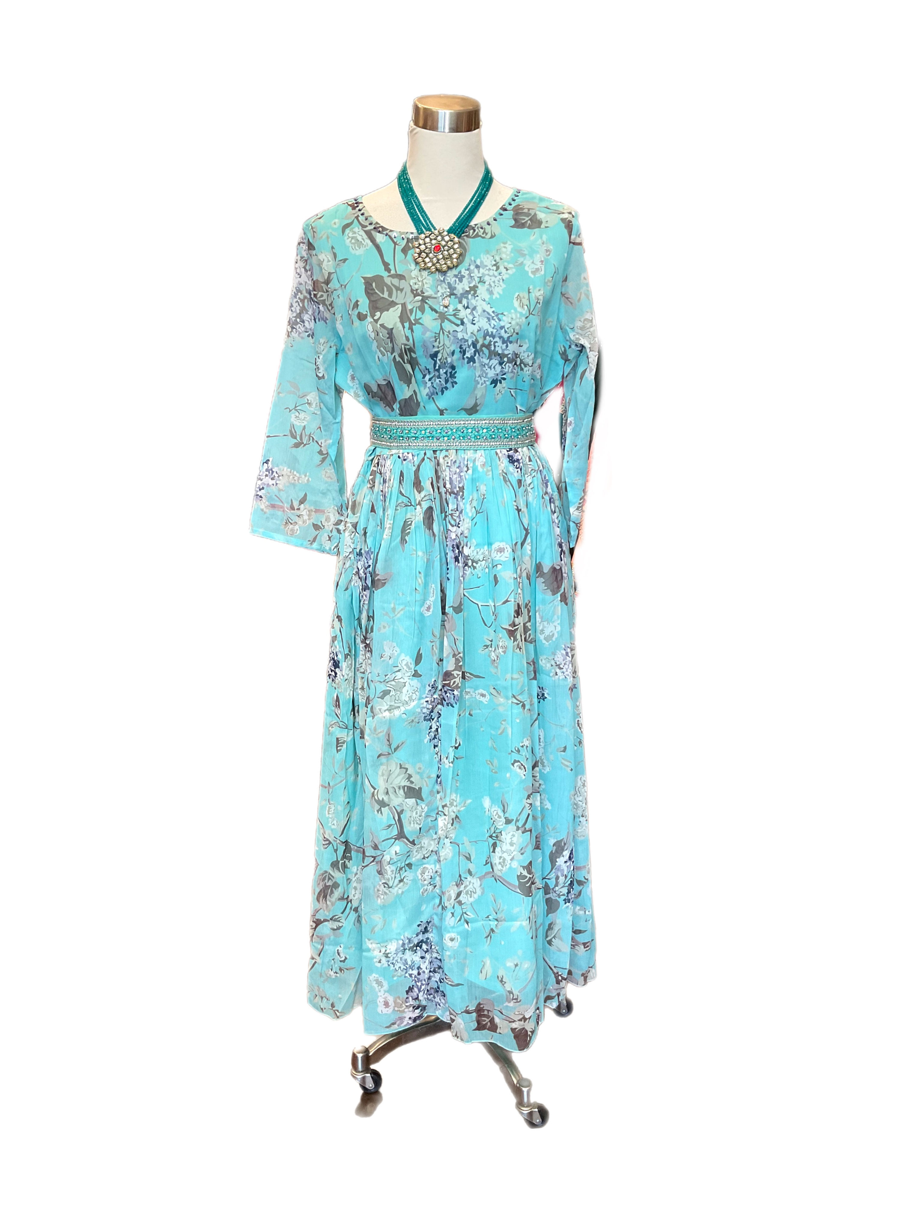 Designer Floral Chiffon A Line Kurti in Sky Blue