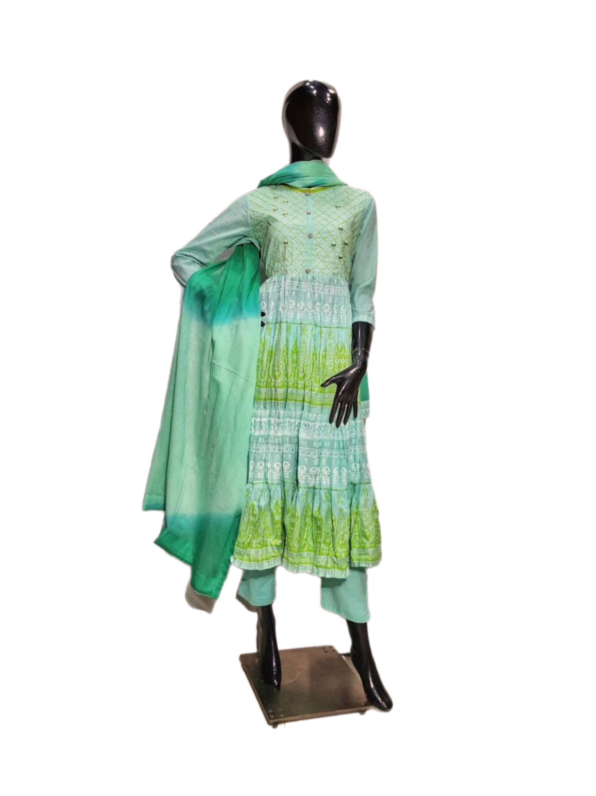 Beautiful Printed Embroidered Cotton Pant Suit Set in Green Color