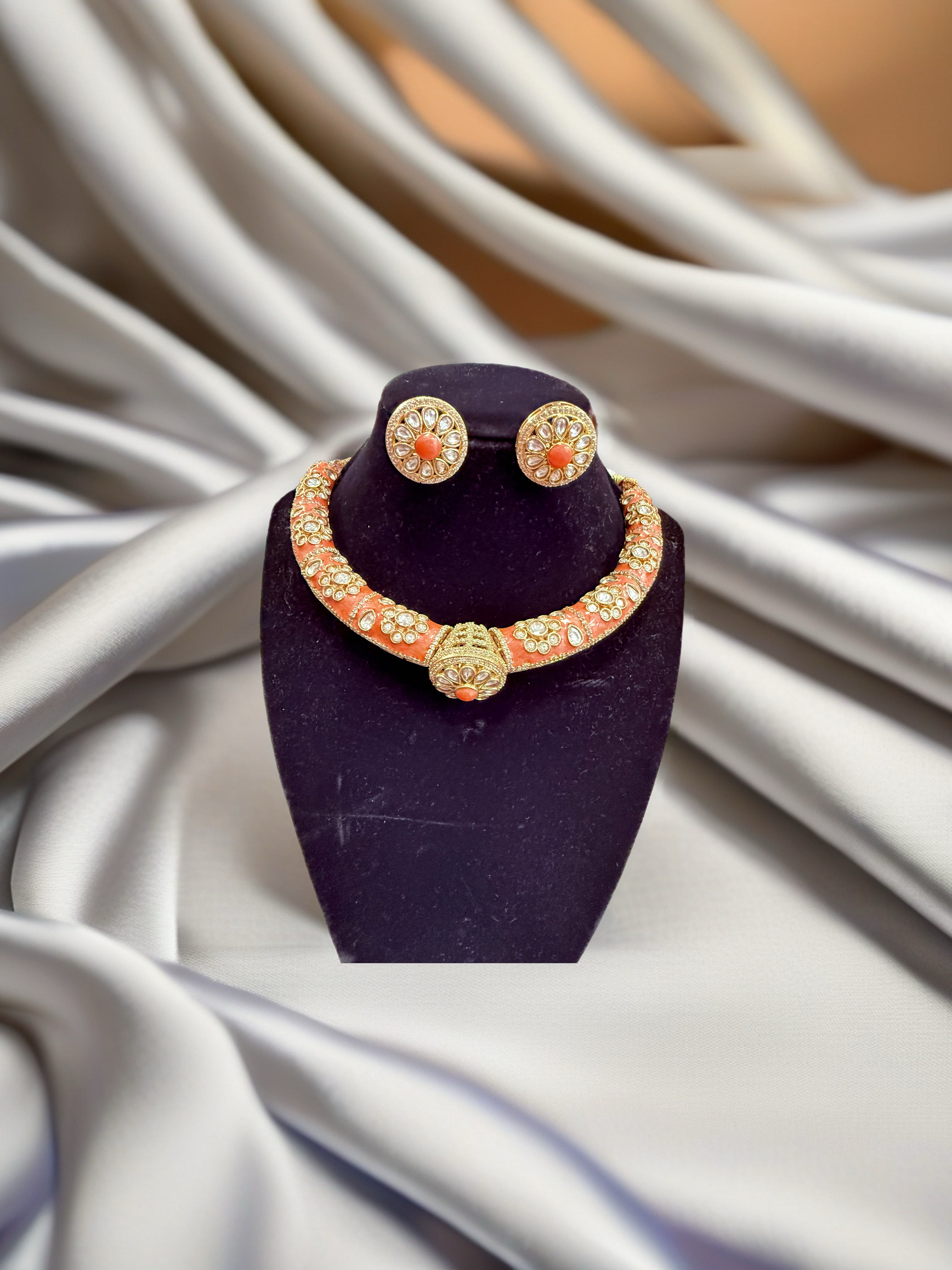 Gorgeous Indian Wedding Wear Enamel Orange Polki Choker Necklace