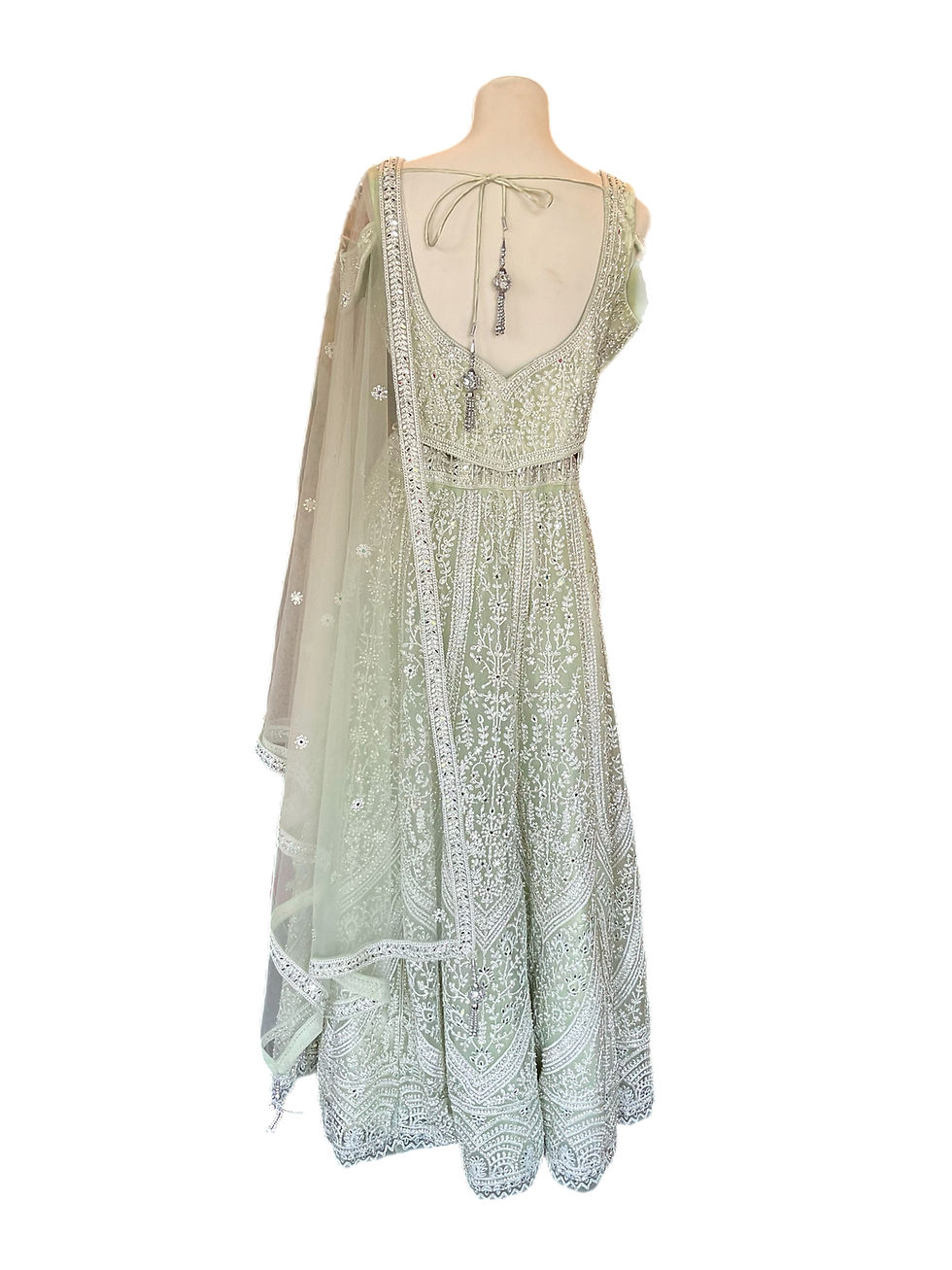 Thumbnail: Gorgeous Bridal Wear Tea Green Net Lehanga Choli