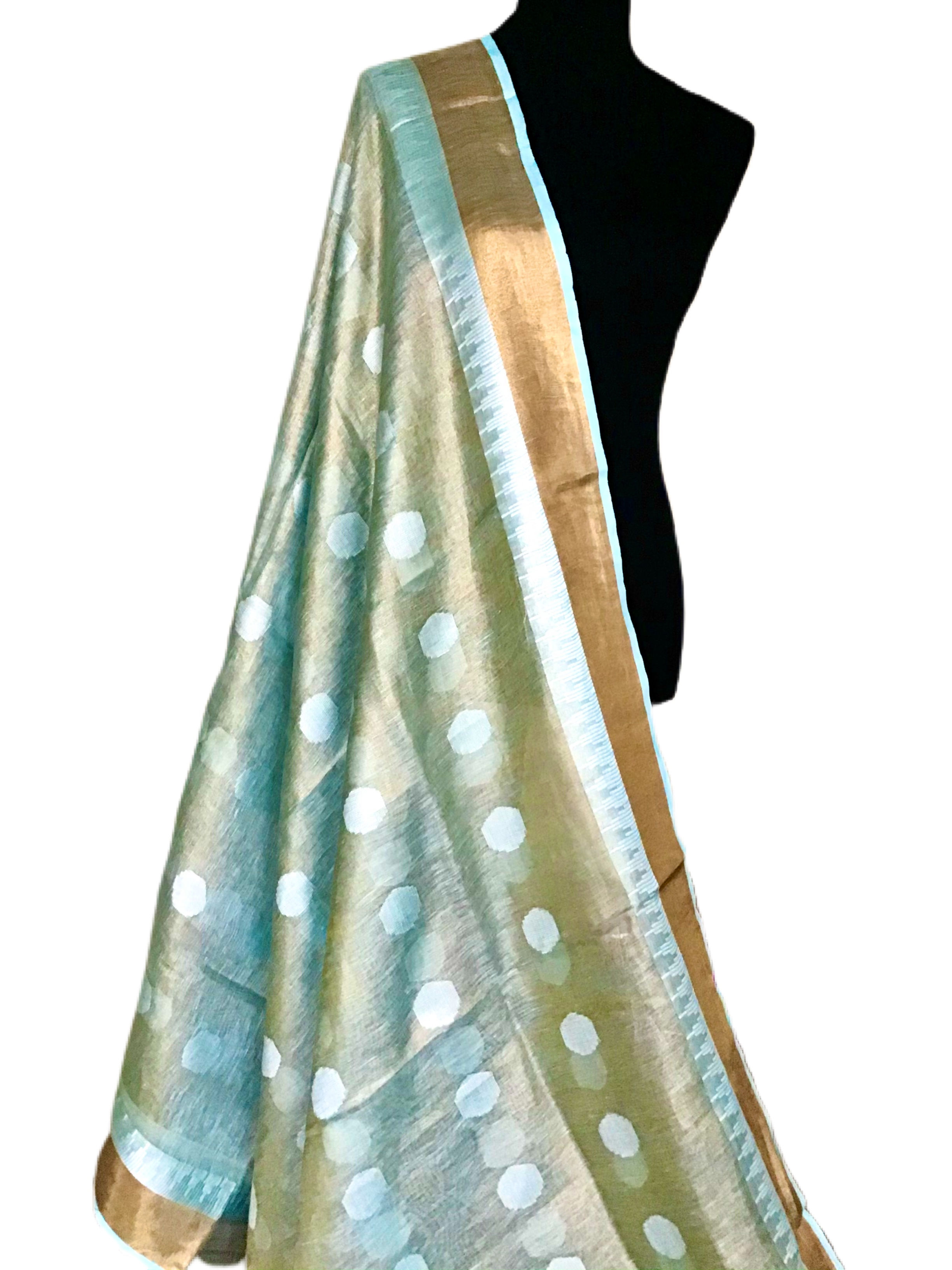 Light Sky Blue Tissue Linen Weaving bota Saree