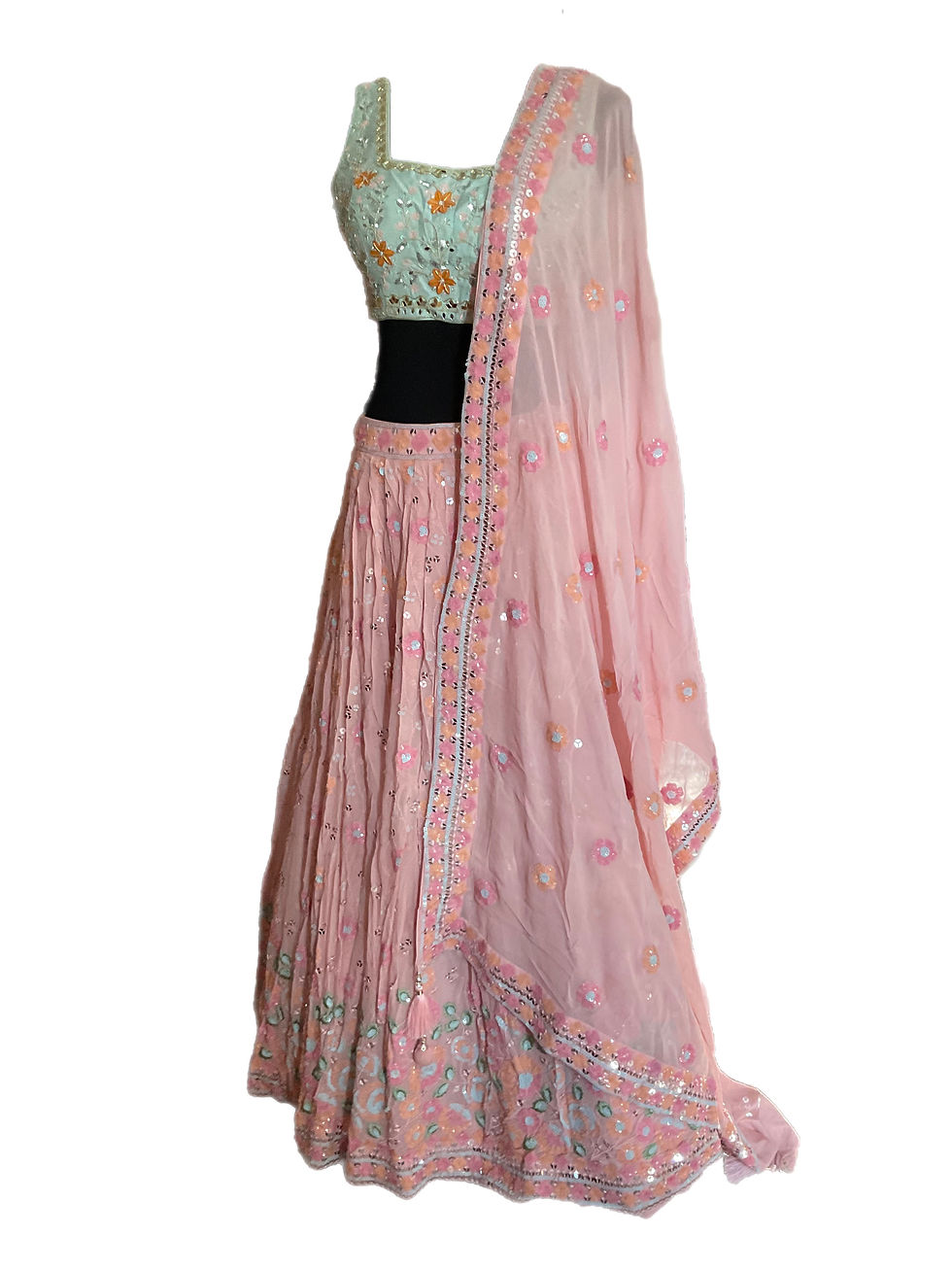 Splendid Pink- Sky Blue Embroidered Lehanga Choli