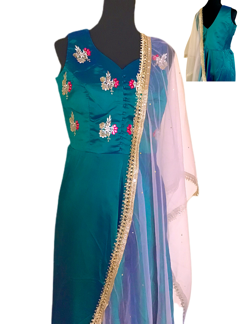 Thumbnail: Embroidered Silk Teal Green Plazzo Suit Set for Women