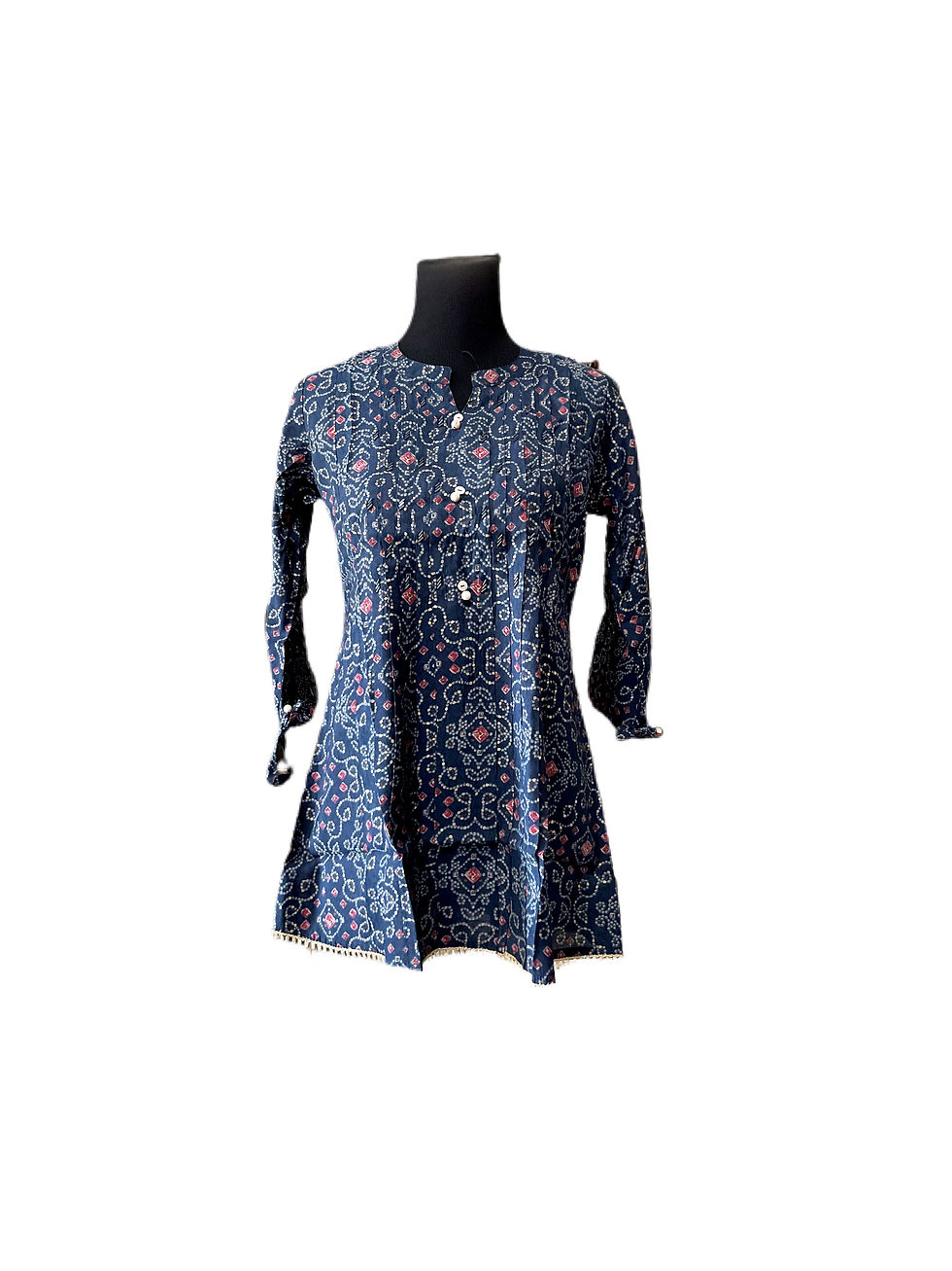 Bandhani Printed Silk Peplum Kurta in Navy Blue