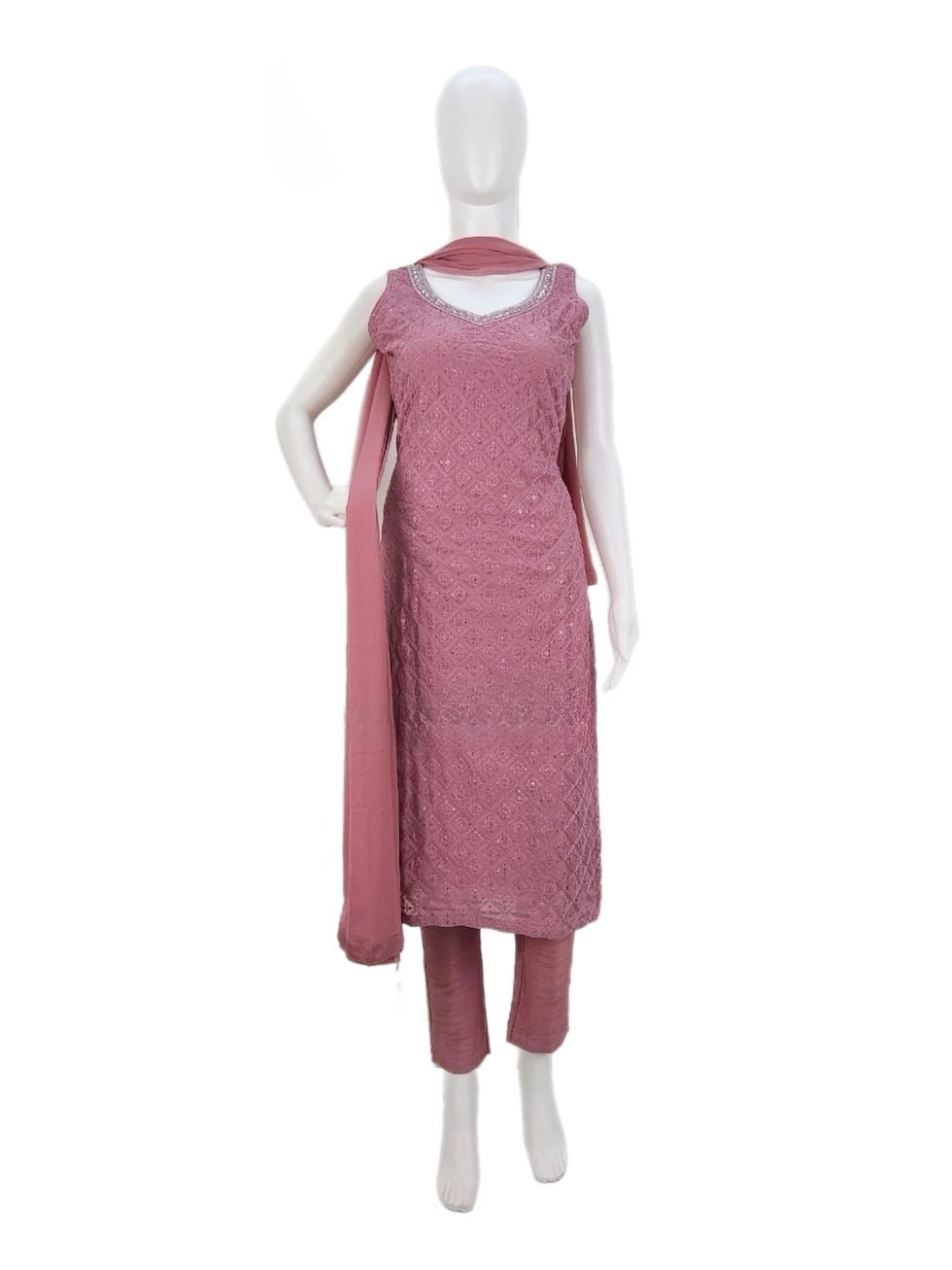 Embroidered Georgette Pant Suit Set In Onion Pink Color