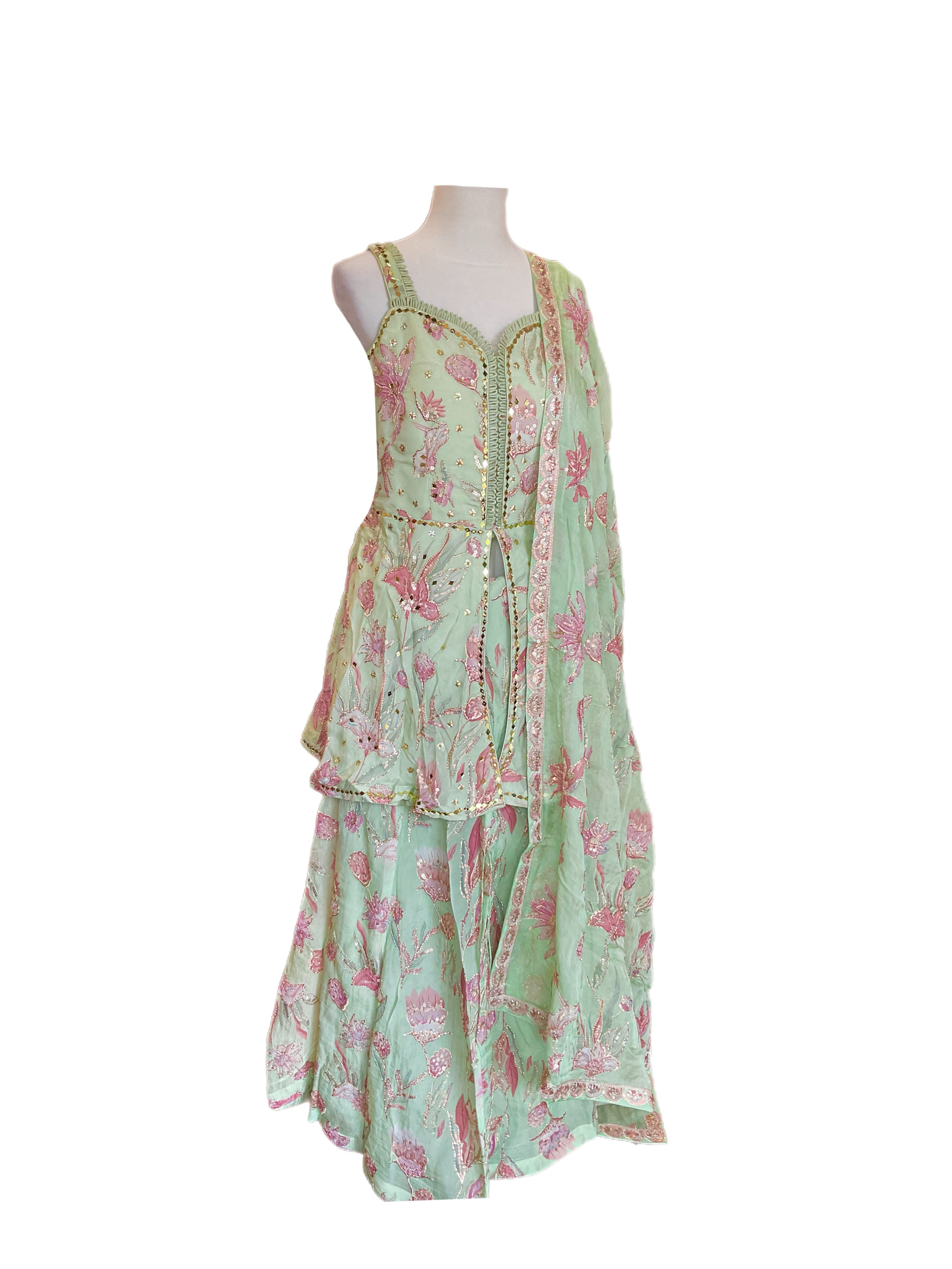 Designer Printed Organza Mint Green Sharara suit Set