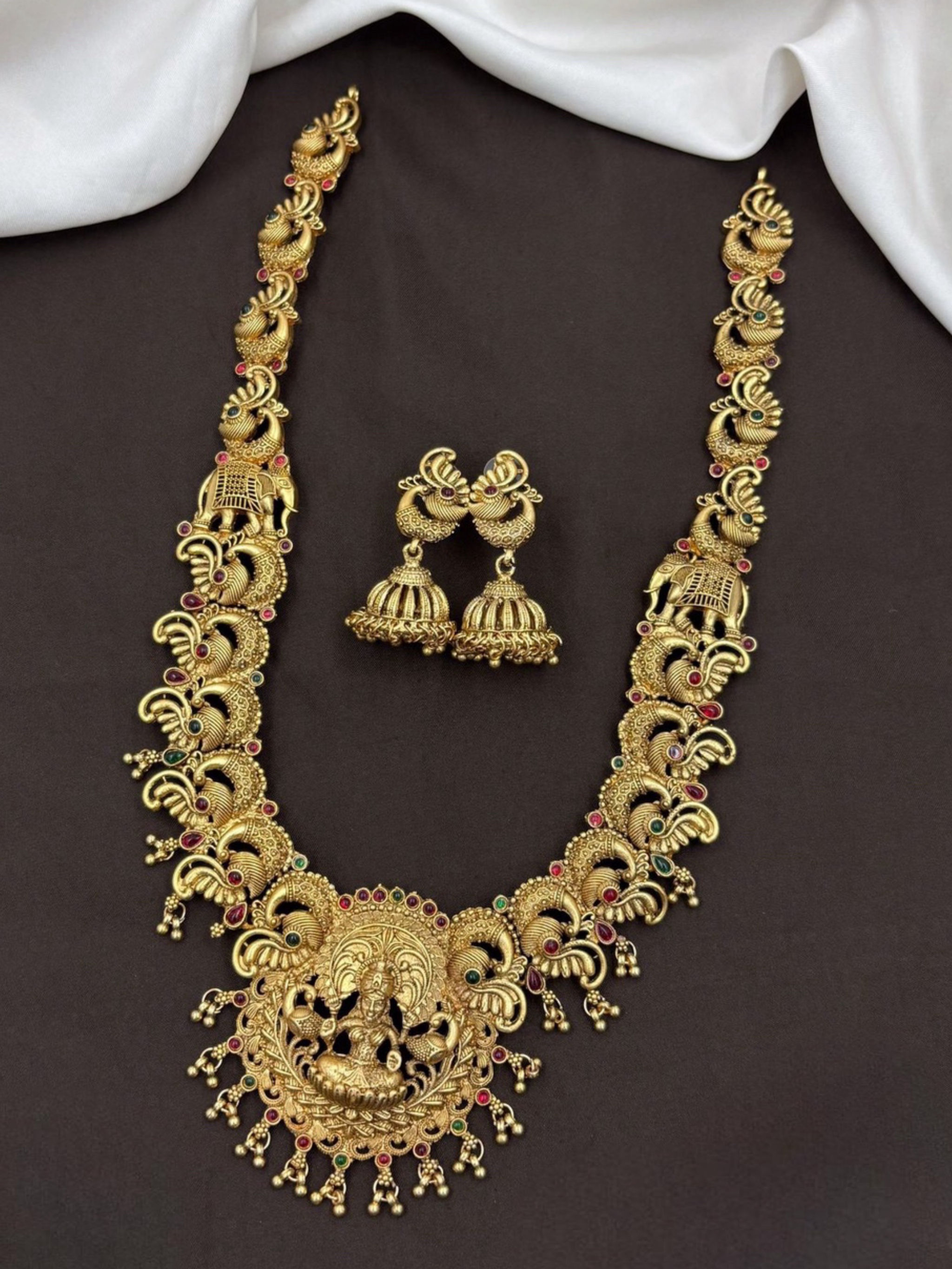 Matte Finish Long Temple Jewelry Necklace Set in Pink-Green