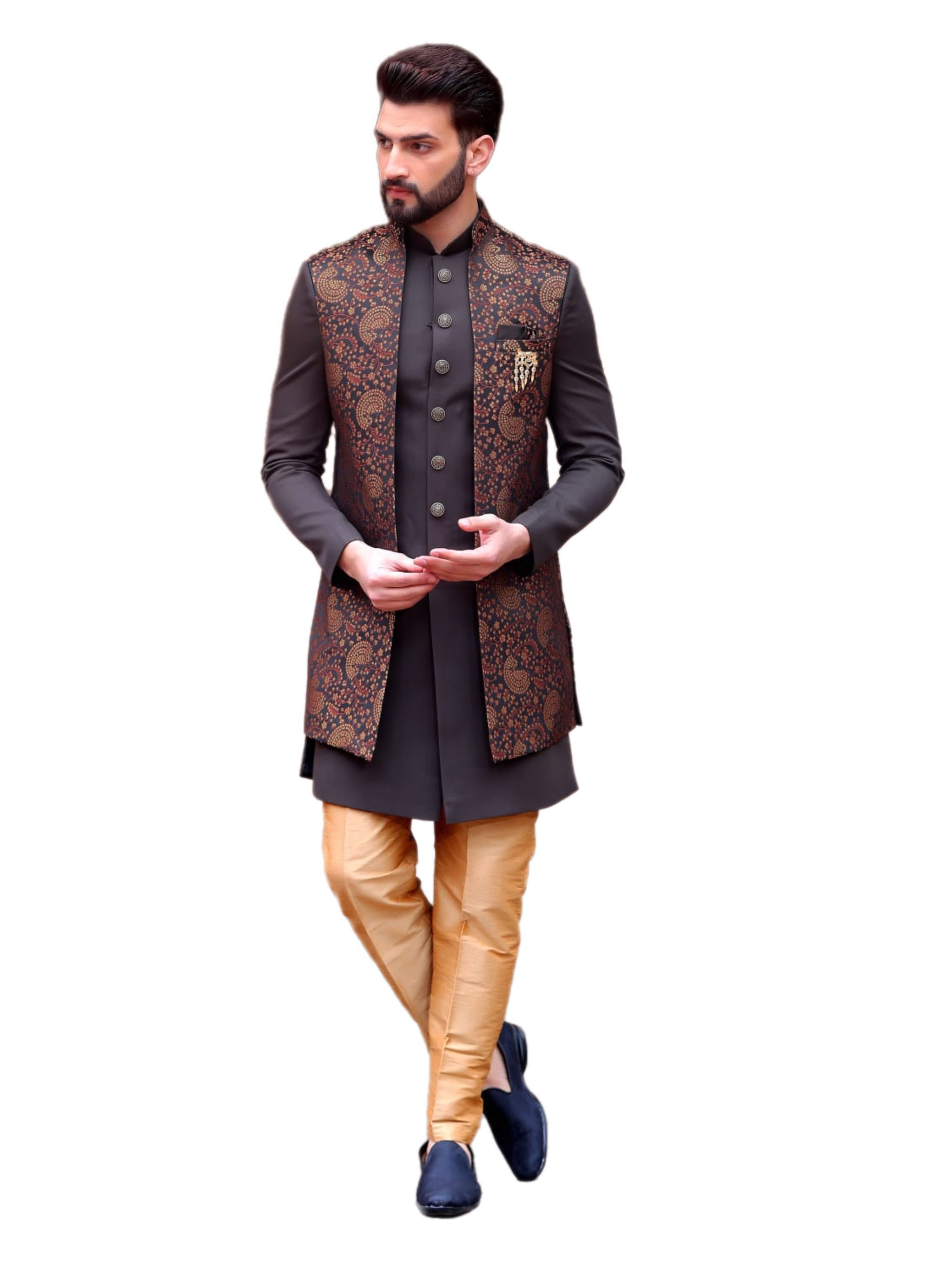 Gorgeous Men’s Sherwani or Indo Western in Greyish Black