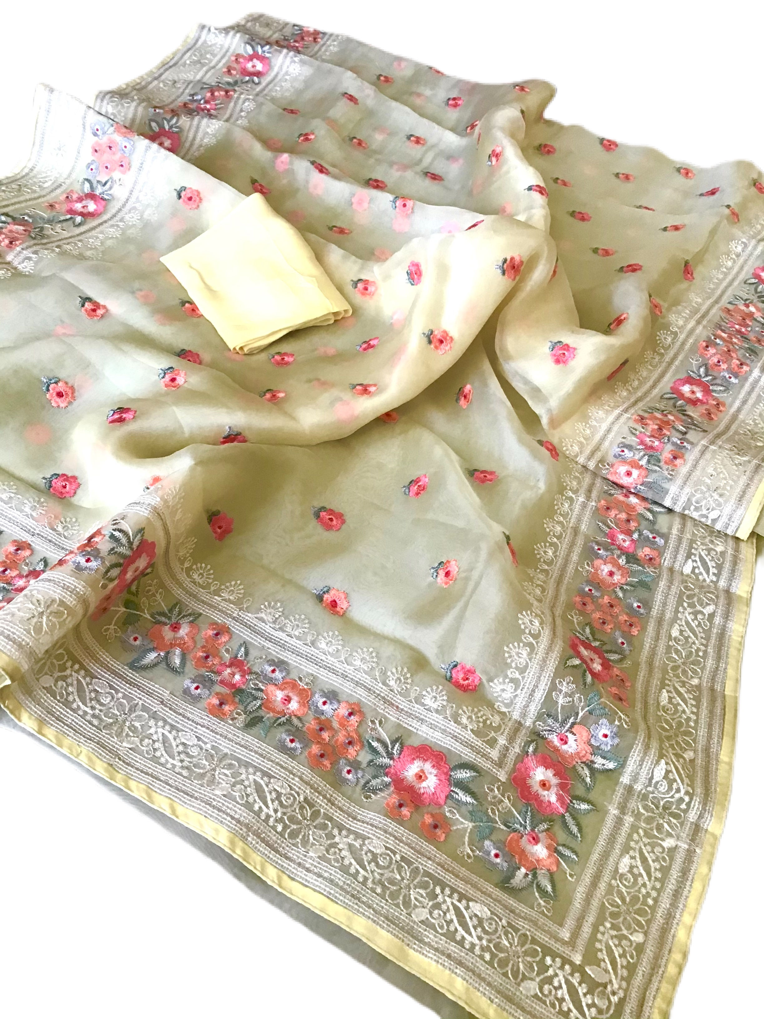 Outstanding Yellow Pure Organza Silk Parsi Gara Work Saree