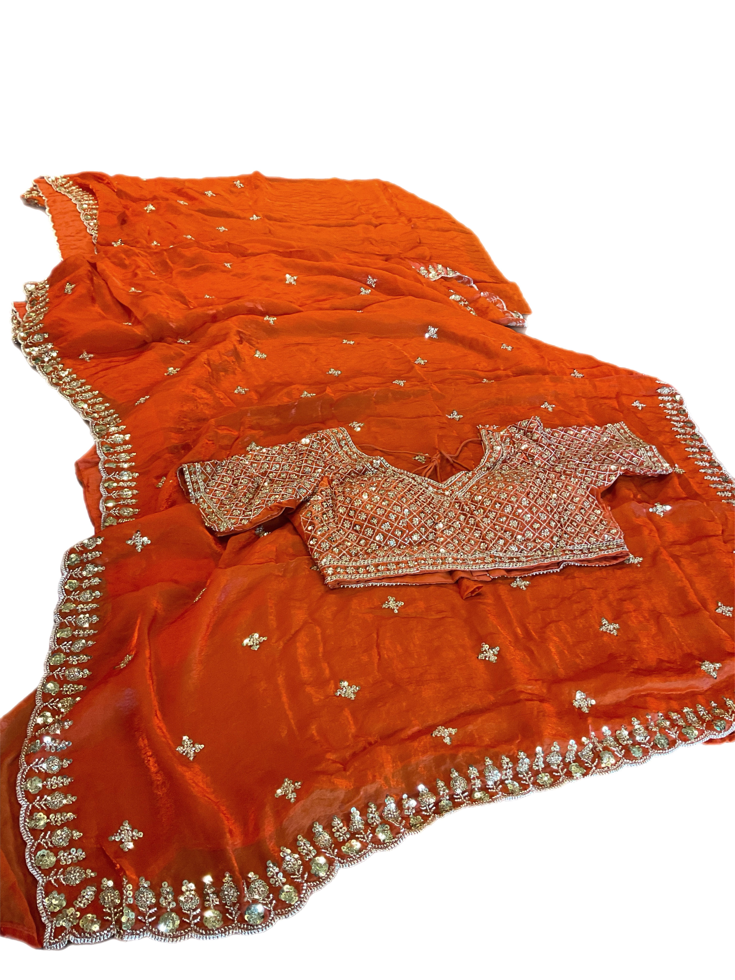 Gorgeous Orange Color Tissue Stones Saree With Readymade Blouse