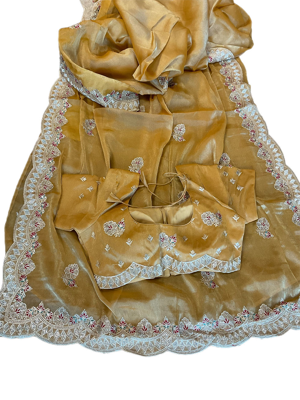 Thumbnail: Pretty Golden Tissue Embroidered Saree With Readymade Blouse