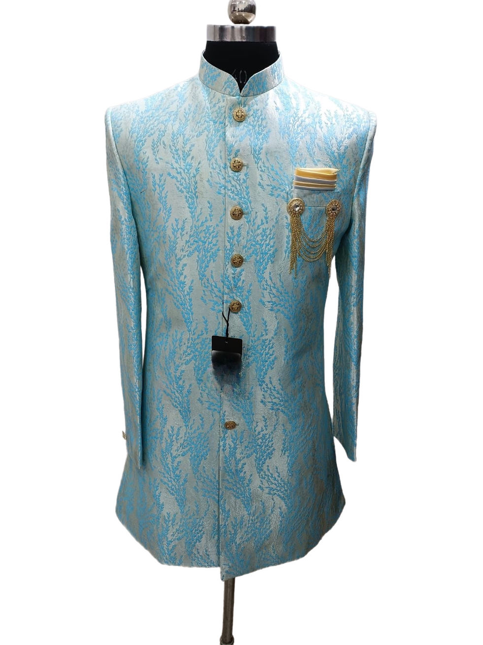 Thumbnail: Woven Silk Sky Blue Indo-Western Sherwani for Men