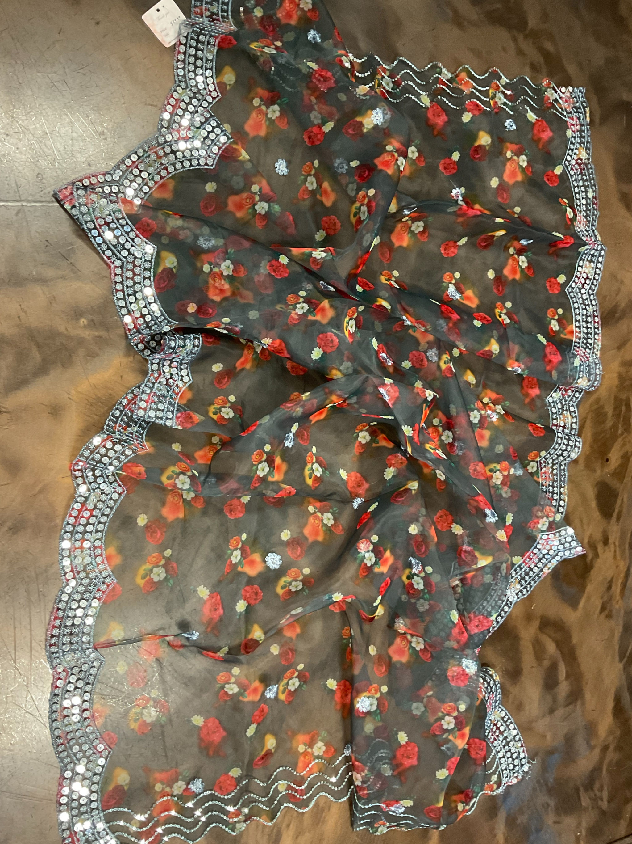 Beautiful Black Floral Organza Dupatta