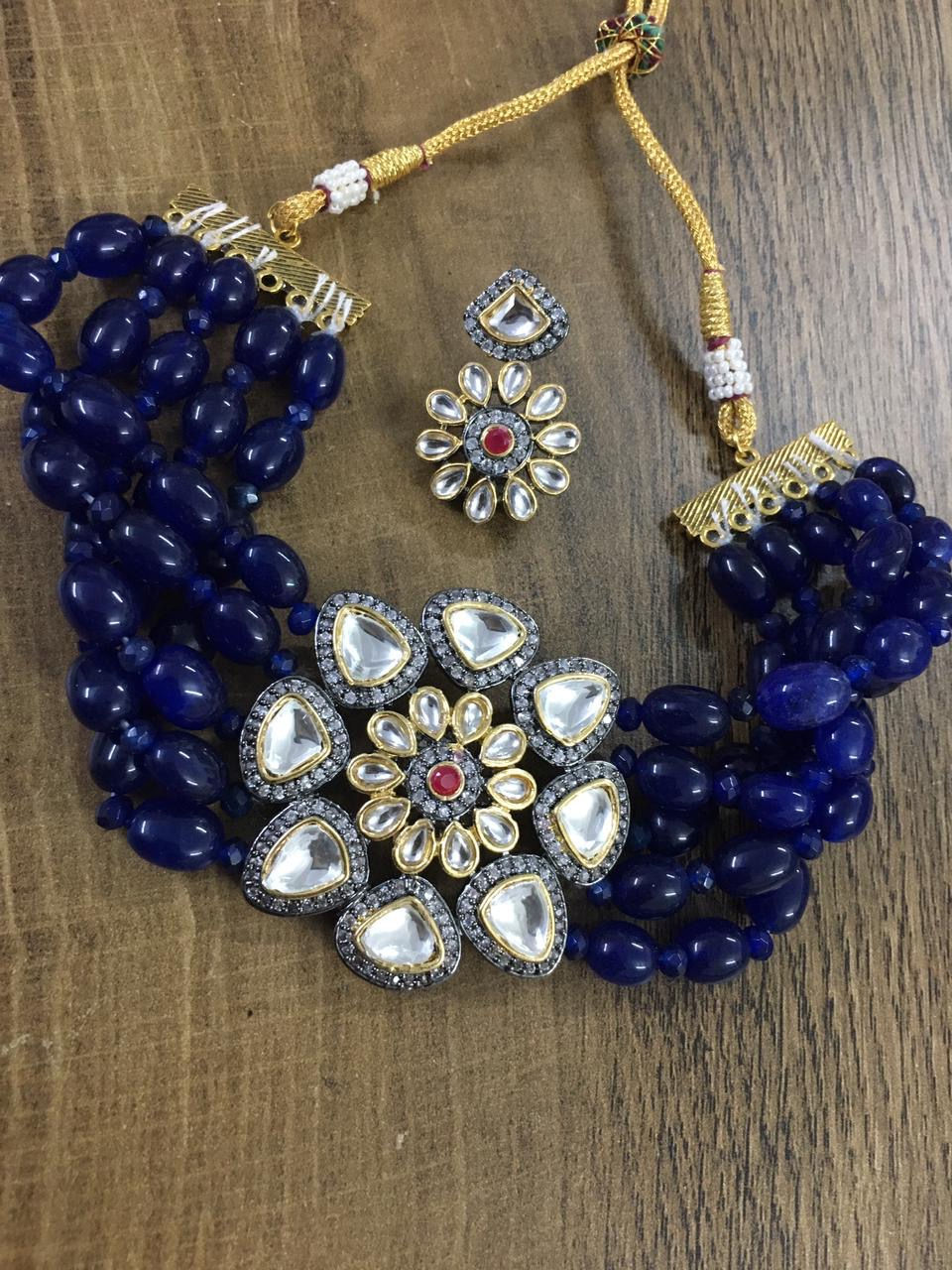 Beautiful Blue Kundan Choker Necklace With Earring