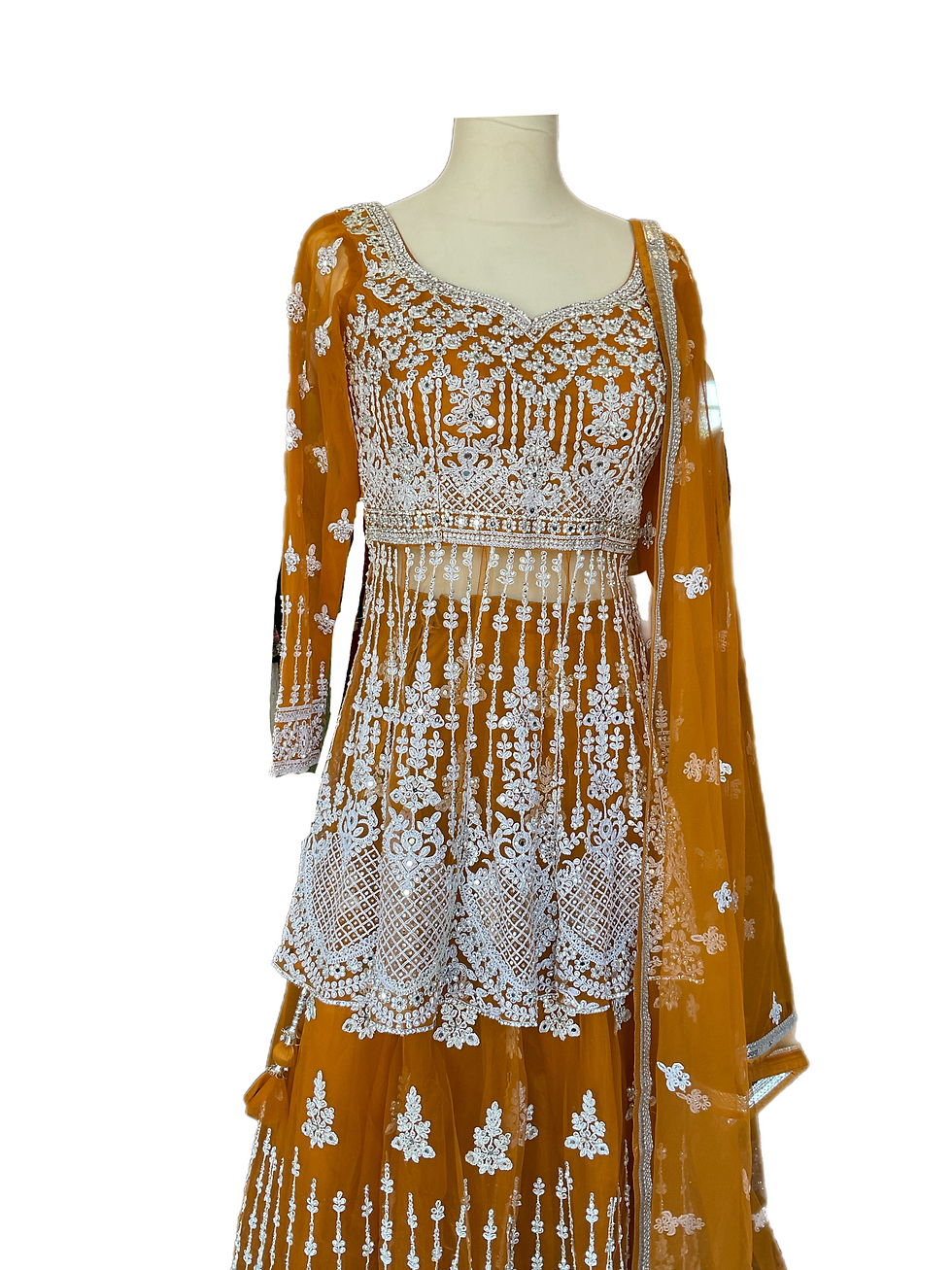 Thumbnail: Pretty Mustard Yellow Embroidered Net Lehanga with Long Top