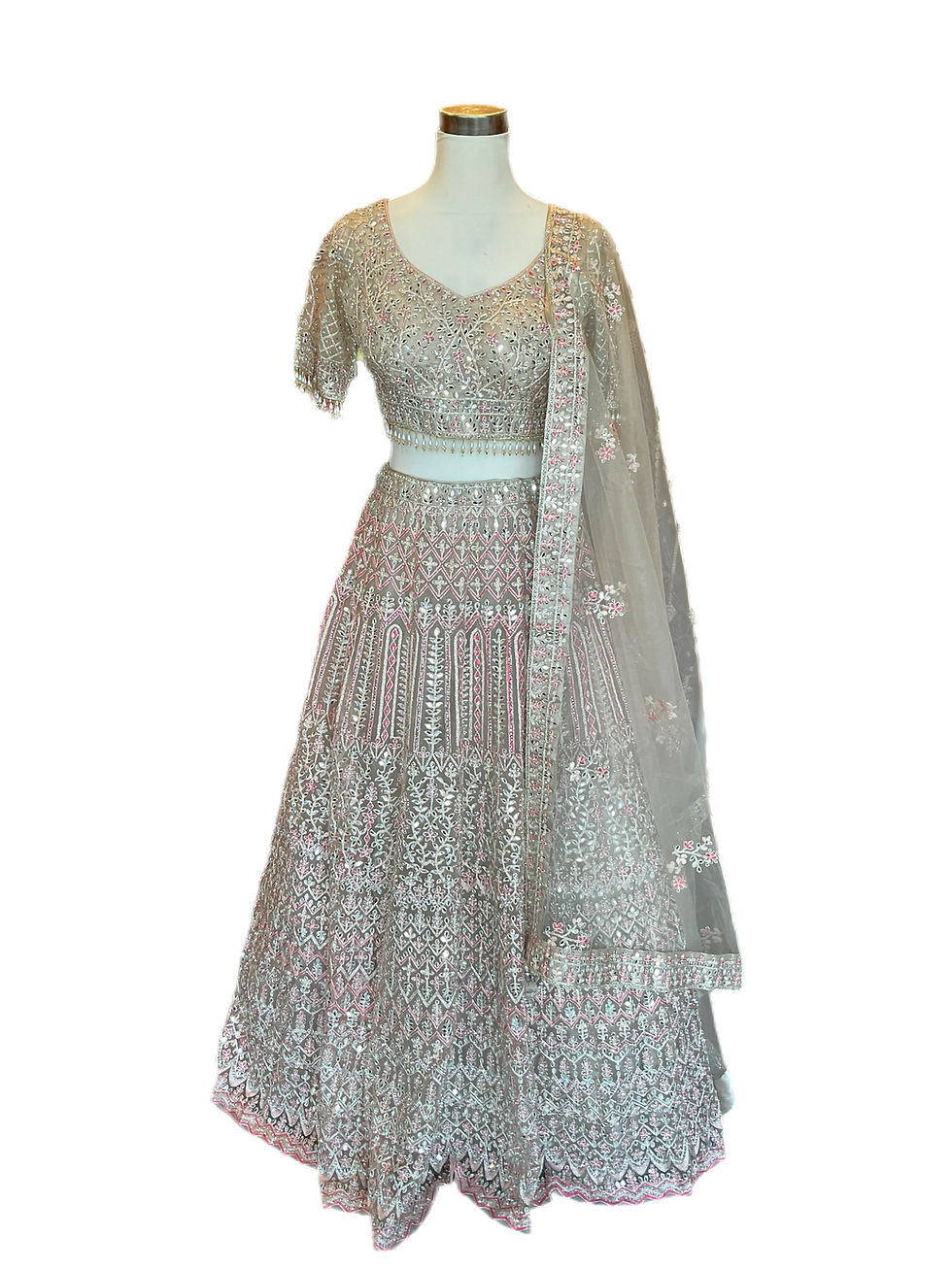 Designer Bridal Embroidered Net Lehanga Choli for Women in Beige- Pink Color